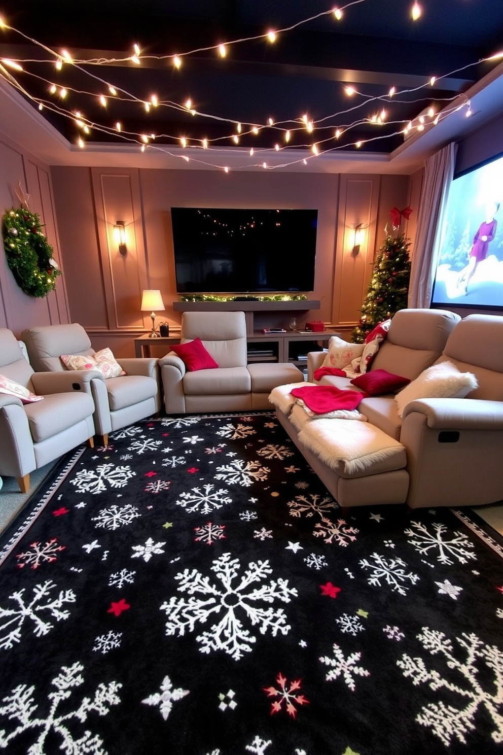 A cozy home theater adorned with a Christmas-themed area rug that adds warmth and festive charm. The rug features intricate patterns of snowflakes and holiday motifs, complementing plush seating and twinkling string lights overhead.