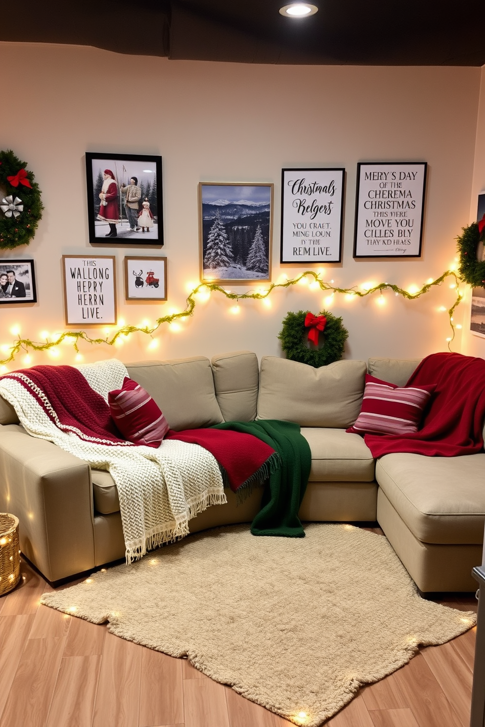 Create a cozy home theater setting for the holidays. The walls are adorned with festive wall art and prints featuring classic Christmas scenes and cheerful quotes. In the center of the room, a large sectional sofa is draped with soft, textured throws in rich red and green hues. Surrounding the sofa, twinkling fairy lights and garlands add a warm glow, creating an inviting atmosphere for holiday movie nights.