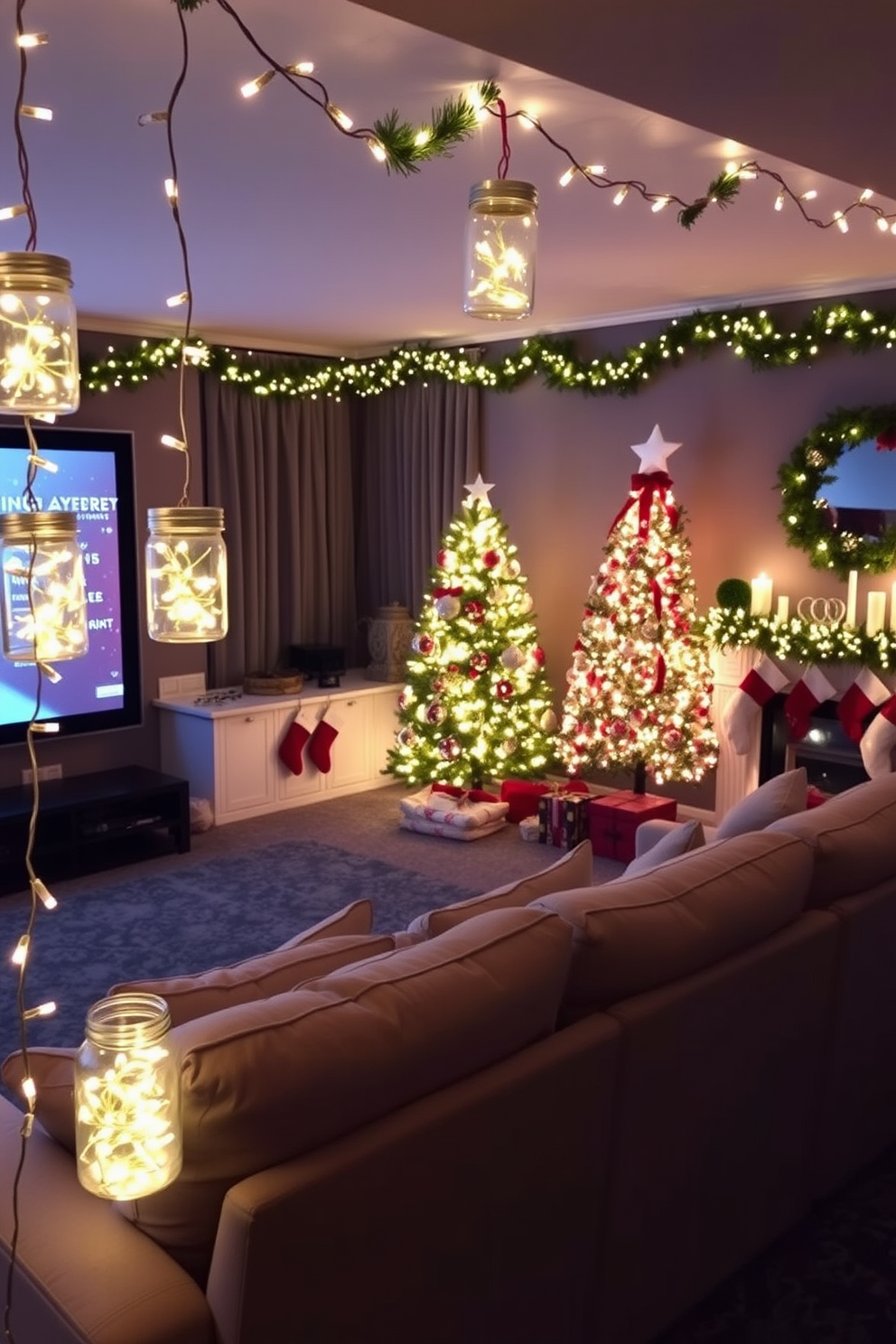 A cozy home theater setting adorned with twinkling fairy lights inside glass jars. The lights create a warm ambiance, illuminating plush seating and a large screen for movie nights. Christmas decorations fill the space with festive cheer, featuring a beautifully adorned tree in one corner. Stockings hang from a stylish mantel, while garlands drape elegantly across the room.