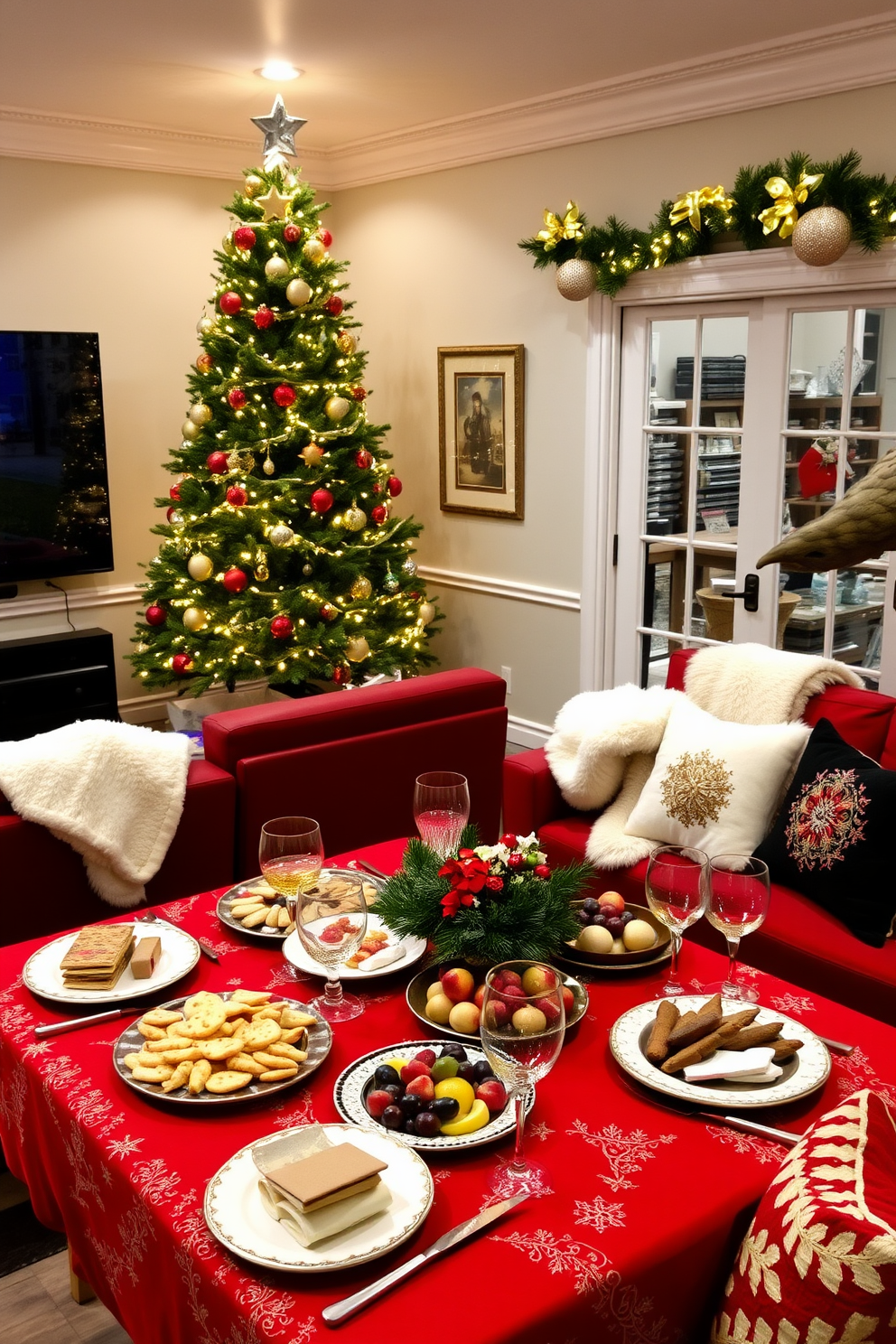 A festive table setting for snacks features a vibrant red tablecloth adorned with gold accents. A variety of colorful platters filled with seasonal treats like cookies, cheese, and fruit are artfully arranged, complemented by elegant glassware. The home theater is decorated for Christmas with a large evergreen tree in the corner, adorned with twinkling lights and ornaments. Cozy seating is enhanced with plush throw blankets and festive cushions, creating a warm and inviting atmosphere for movie nights.