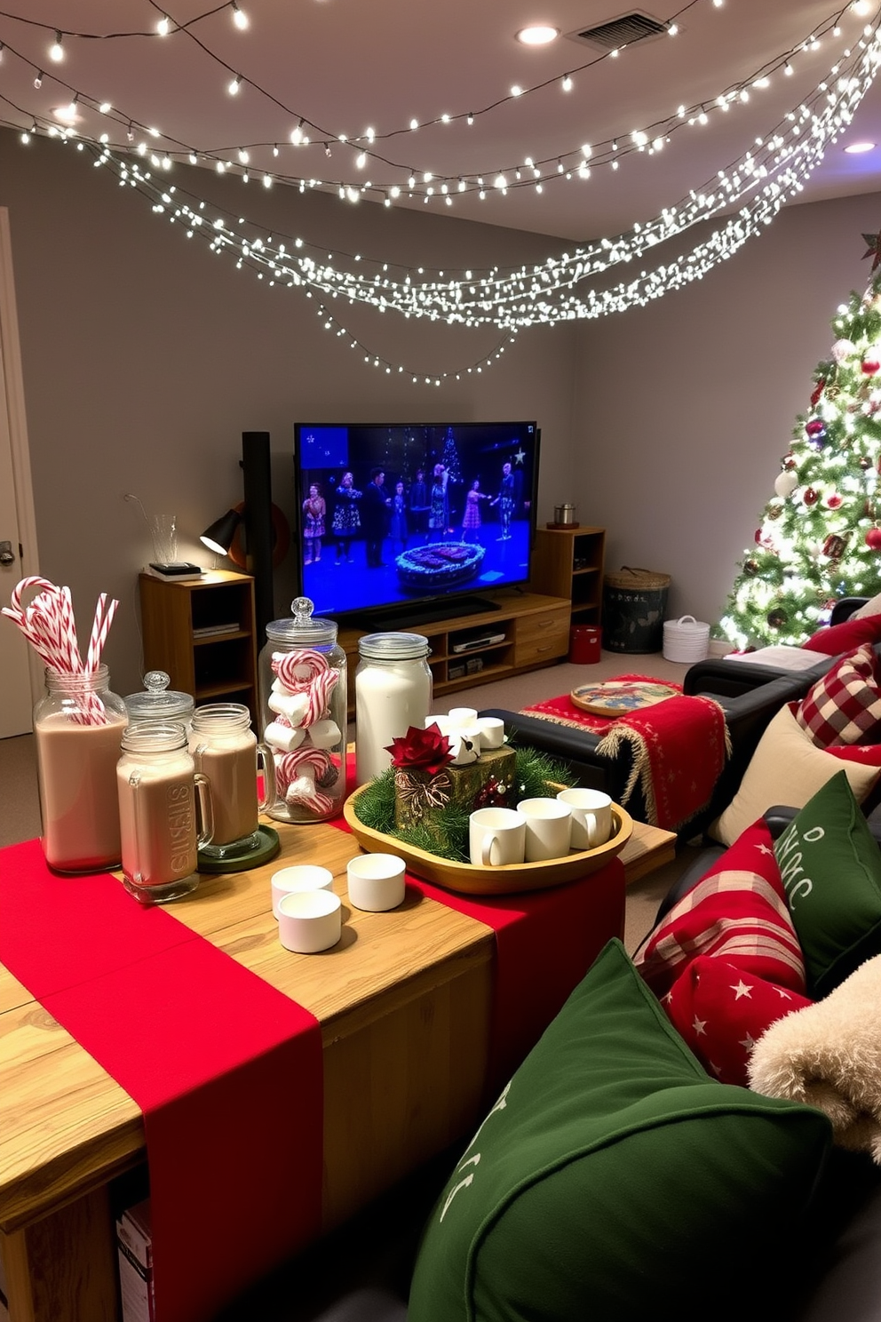 A festive Christmas-themed drink station setup features a rustic wooden table adorned with a vibrant red tablecloth. On the table, there are various glass jars filled with hot cocoa, marshmallows, and peppermint sticks, alongside a decorative tray of holiday-themed mugs. The home theater is transformed into a cozy Christmas retreat with twinkling fairy lights draped across the ceiling. Plush blankets and festive throw pillows in green and red create a warm atmosphere, while a beautifully decorated Christmas tree stands proudly in the corner, casting a soft glow.