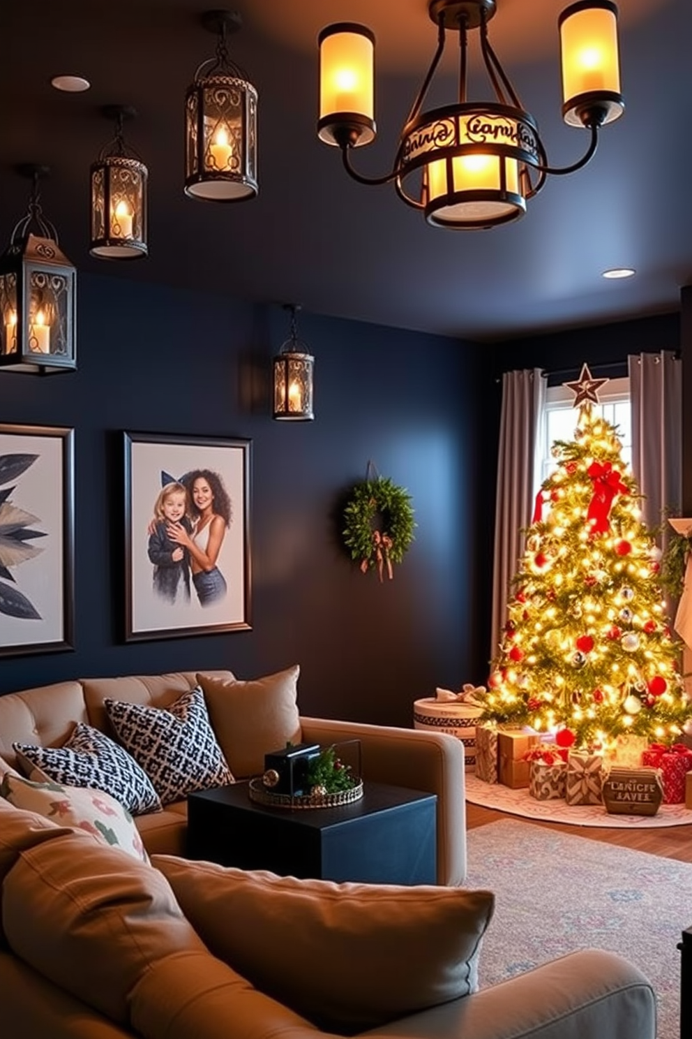 Create a cozy home theater setting adorned with decorative lanterns that provide soft, ambient lighting. The walls are painted a deep navy blue, and plush seating is arranged for optimal viewing, creating an inviting atmosphere for movie nights. For Christmas decorating ideas, envision a warm living room filled with festive decorations. A beautifully adorned Christmas tree stands in the corner, surrounded by twinkling lights and colorful ornaments, while garlands and wreaths add a touch of holiday cheer throughout the space.