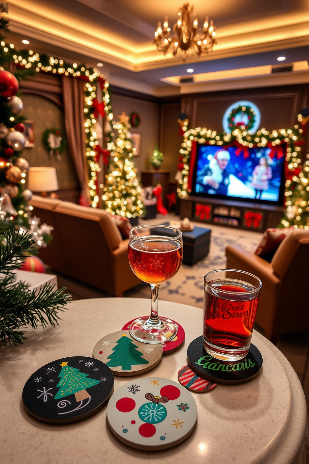 Create a cozy holiday-themed setting featuring a collection of festive coasters for drinks. Each coaster showcases unique designs such as snowflakes, Christmas trees, and ornaments in vibrant colors. Design a luxurious home theater space adorned with Christmas decorations. The room should include plush seating, a large screen, and twinkling lights, creating a warm and inviting atmosphere for holiday movie nights.