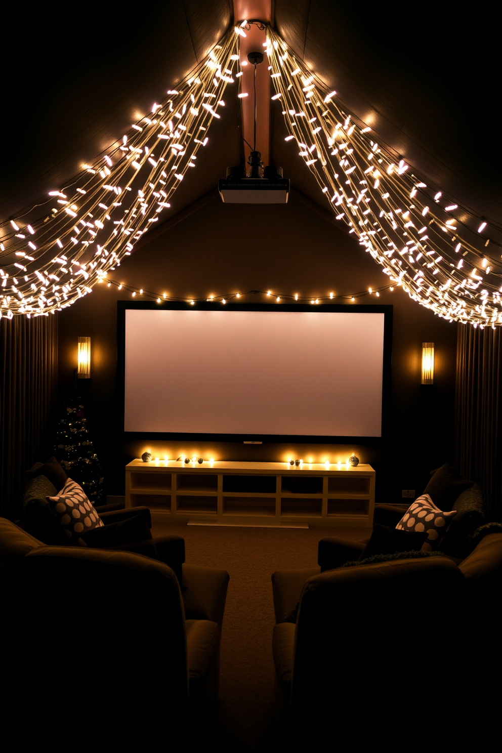 A cozy home theater adorned with festive string lights that gracefully frame the screen. The warm glow creates an inviting atmosphere, enhancing the holiday spirit with plush seating and decorative throw pillows.