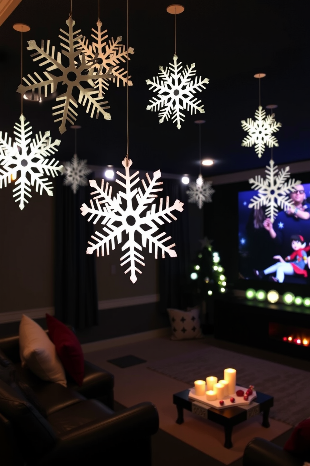 Create a cozy home theater decorated for Christmas. Snowflake cutouts hang from the ceiling, adding a festive touch to the warm, dimly lit space.