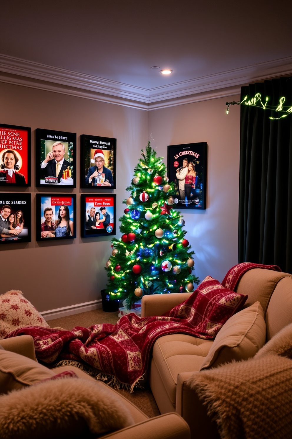 A cozy home theater designed for the holiday season. The walls are adorned with a festive Christmas movie poster display, featuring classic holiday films in vibrant frames. Soft ambient lighting creates a warm atmosphere, while plush seating is draped with holiday-themed throw blankets. A beautifully decorated Christmas tree stands in the corner, surrounded by twinkling fairy lights and colorful ornaments.