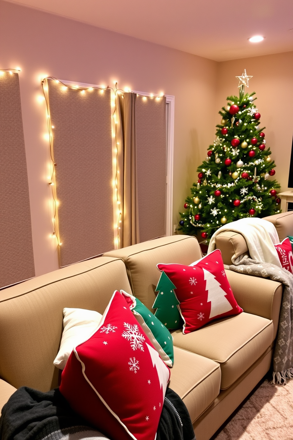 Cushions with holiday-themed covers. The living room features a cozy sofa adorned with vibrant cushions showcasing festive designs like snowflakes and Christmas trees. Home Theater Christmas Decorating Ideas. The home theater is transformed with twinkling string lights, a large Christmas tree in the corner, and plush throws draped over the seating for a warm and inviting atmosphere.