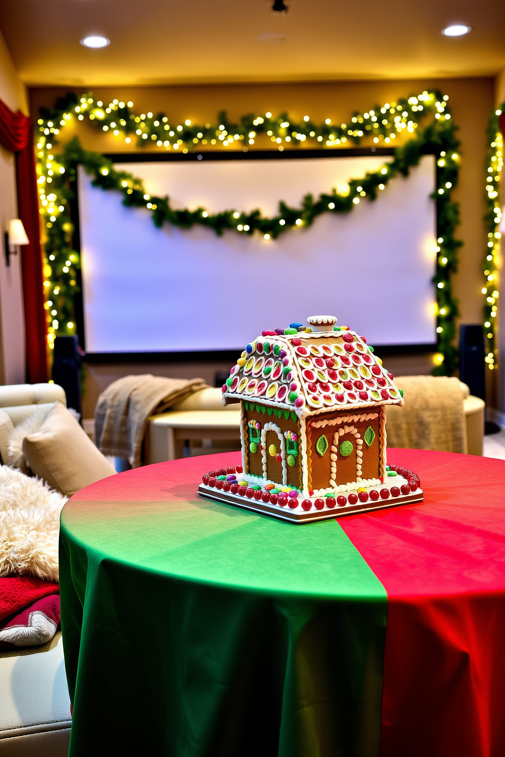 Gingerbread house centerpiece on table. The table is adorned with a festive red and green tablecloth, and the gingerbread house is decorated with colorful icing and candy. Home theater Christmas decorating ideas. The space features plush seating with cozy blankets, and the screen is framed with twinkling fairy lights and festive garlands.