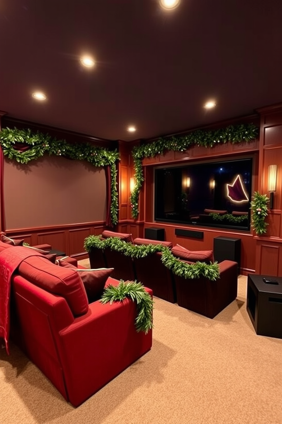 A cozy home theater adorned with pine garlands draped elegantly over the plush seating. Soft, warm lighting creates a festive ambiance, complementing the rich colors of the decor and the large screen at the front.