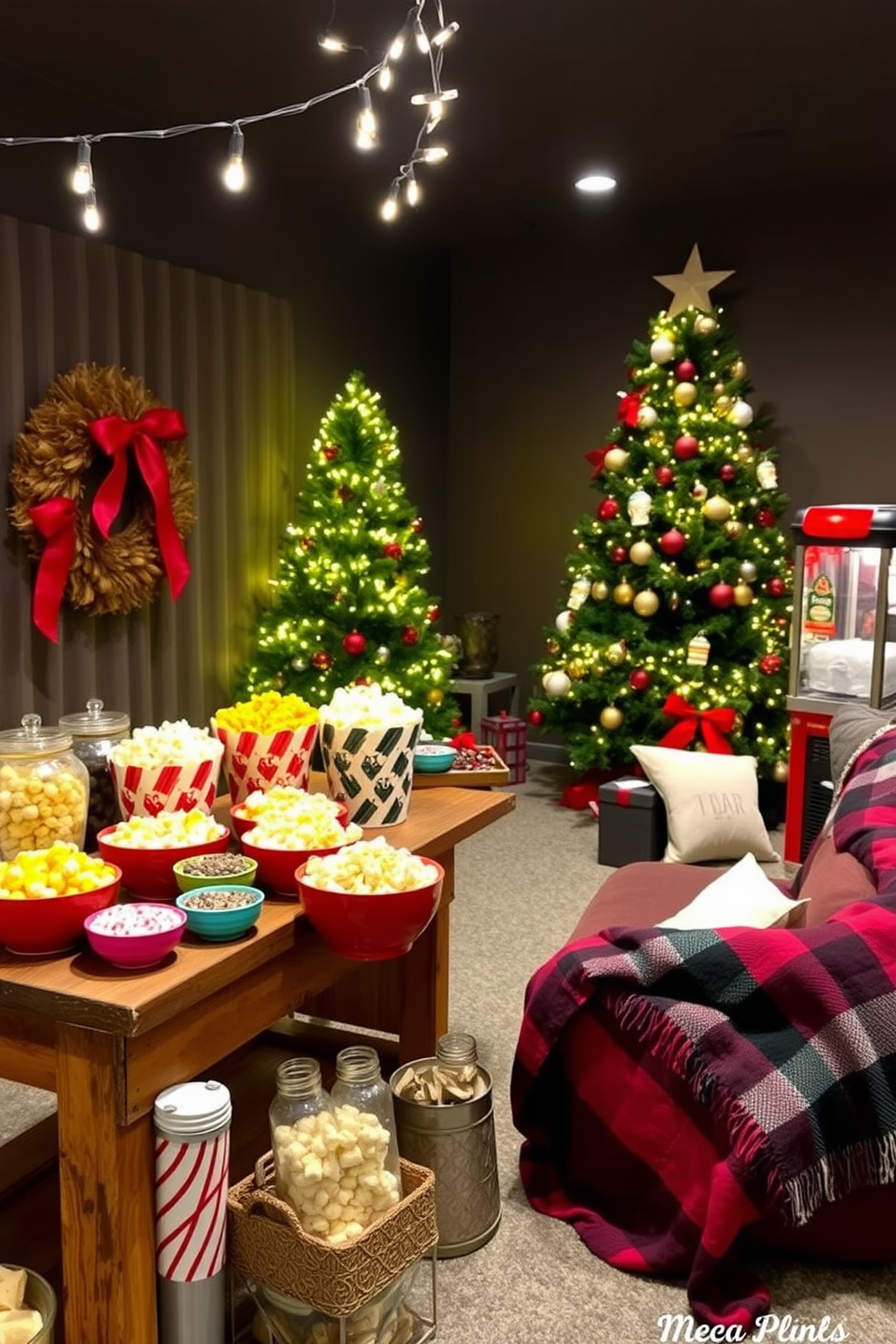 A themed popcorn bar with festive toppings. The bar features a rustic wooden table adorned with colorful bowls of various popcorn flavors, including caramel, cheese, and kettle corn. Surrounding the table are decorative jars filled with toppings such as sprinkles, chocolate drizzle, and crushed candy canes. String lights twinkle above, creating a warm and inviting atmosphere perfect for movie nights. Home theater Christmas decorating ideas. The room is transformed with a cozy ambiance, featuring a large Christmas tree adorned with twinkling lights and ornaments. Plush seating is draped with festive blankets, and a popcorn machine sits in the corner, adding a fun touch.