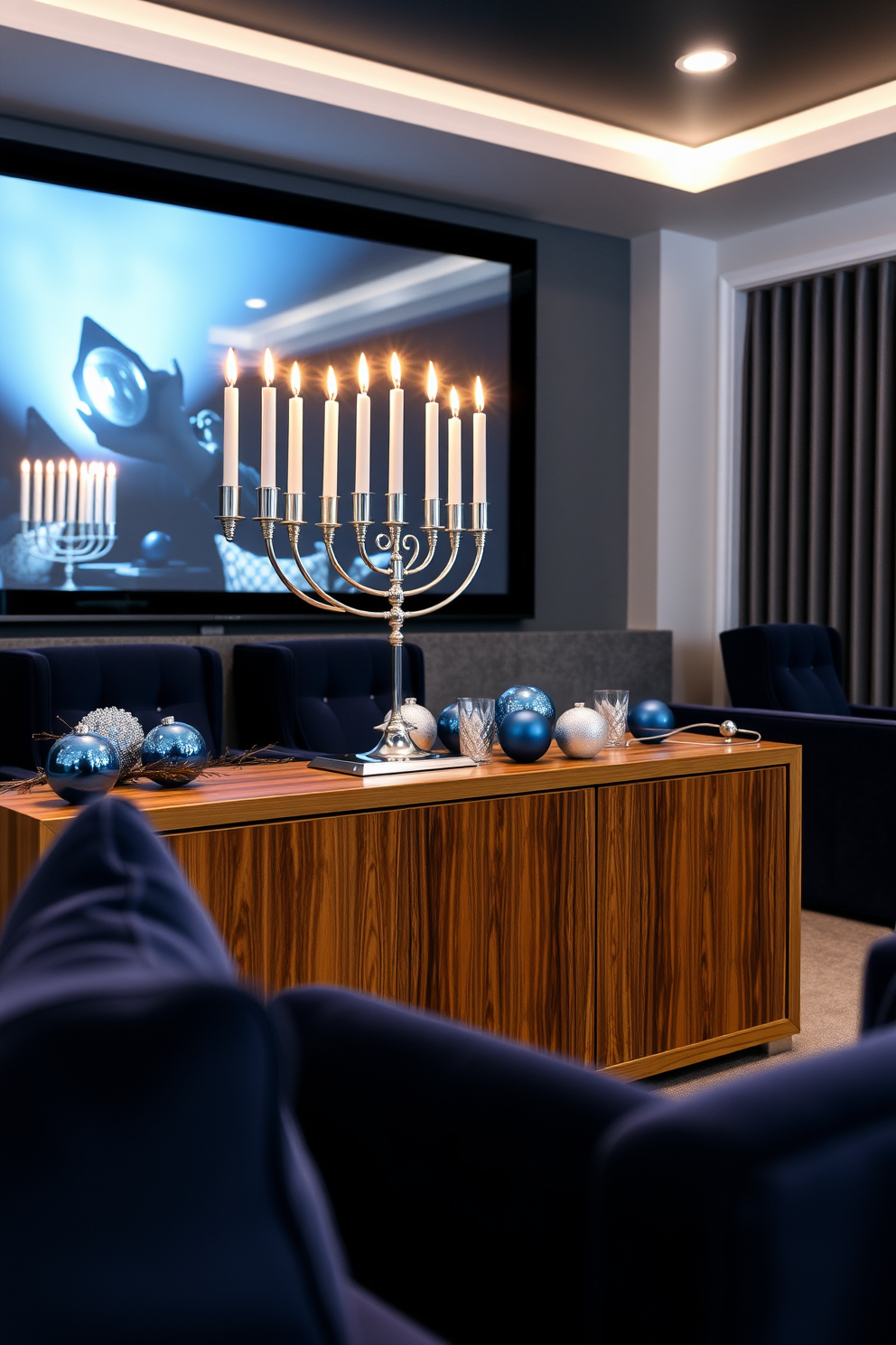 A festive menorah is elegantly displayed on a sleek wooden console table in the home theater. The warm glow of the candles casts a soft light, enhancing the cozy atmosphere of the space. Surrounding the menorah are decorative elements like blue and silver ornaments, creating a harmonious color palette. Plush seating in rich navy complements the theme, inviting family and friends to gather for Hanukkah celebrations.