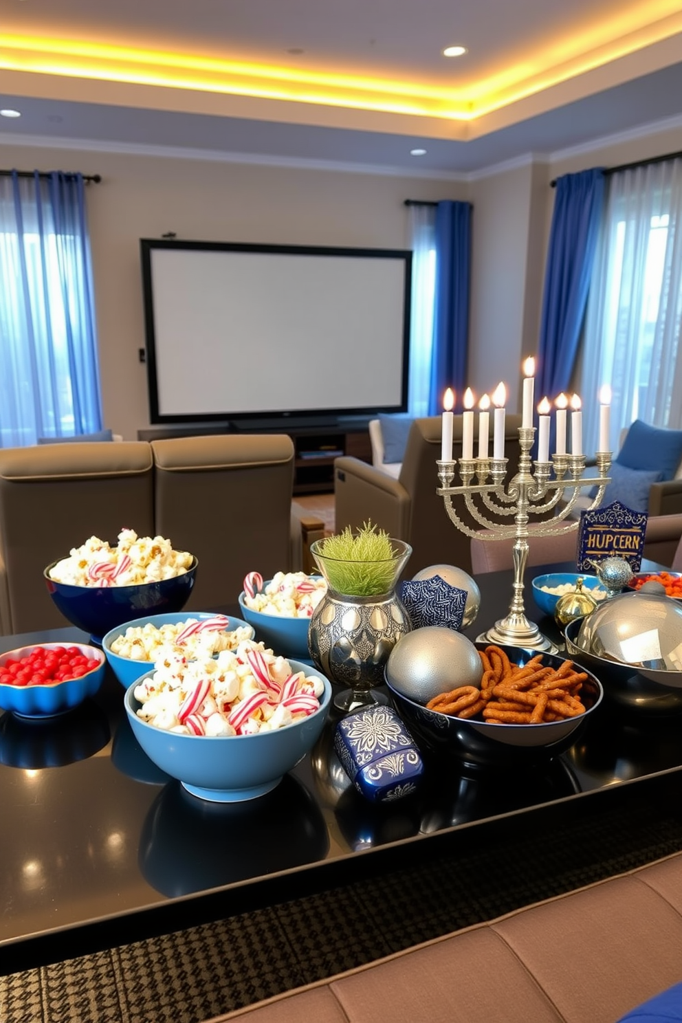 Themed snacks in decorative bowls. A variety of colorful bowls filled with festive snacks like popcorn, candy canes, and chocolate-covered pretzels are arranged on a sleek coffee table, surrounded by cozy seating. Home Theater. Plush reclining chairs face a large screen, with soft ambient lighting creating a cinematic atmosphere. Hanukkah Decorating Ideas. A beautifully set table features a blue and silver color scheme, with elegant menorahs and decorative dreidels as centerpieces. Soft blue curtains frame the windows, enhancing the festive ambiance.