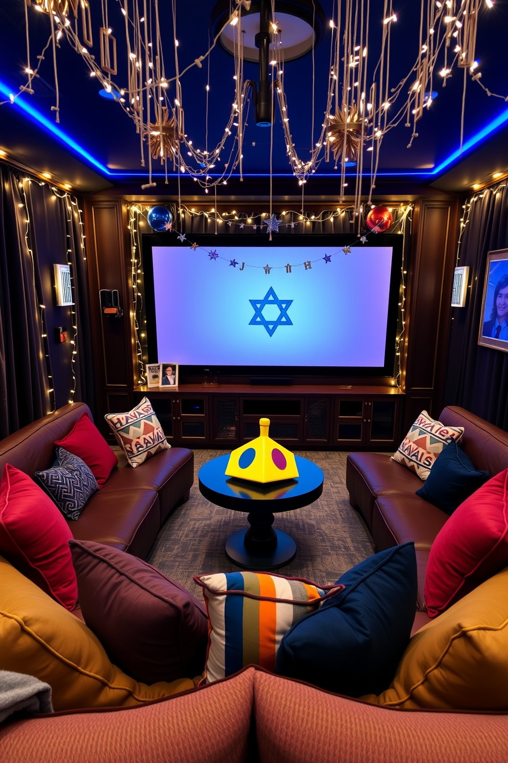 Interactive dreidel game corner setup. A cozy nook with a small round table surrounded by colorful cushions, featuring a large dreidel in the center and festive decorations hanging from the walls. Home Theater Hanukkah Decorating Ideas. A luxurious home theater room with plush seating and a large screen, adorned with twinkling string lights and themed decorations that celebrate the spirit of Hanukkah.