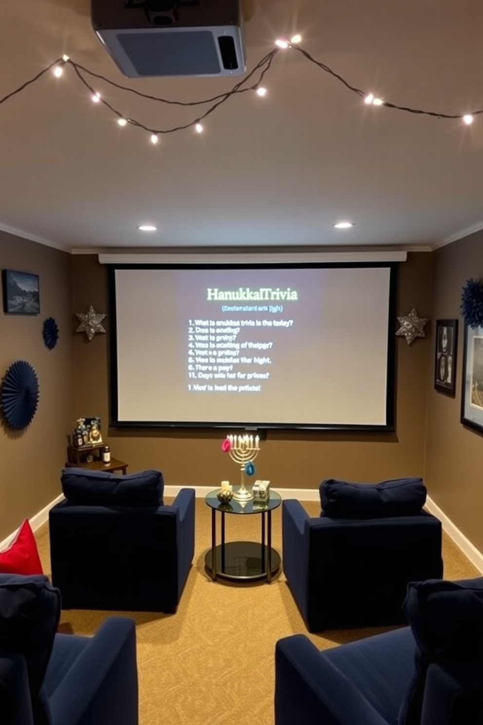 A cozy home theater setting for a Hanukkah trivia night. The room features a large projector screen displaying festive trivia questions, surrounded by comfortable seating in rich navy blue. Decorative elements include a menorah on a side table and string lights draped across the ceiling. The walls are adorned with blue and silver decorations, creating a warm and inviting atmosphere for celebration.