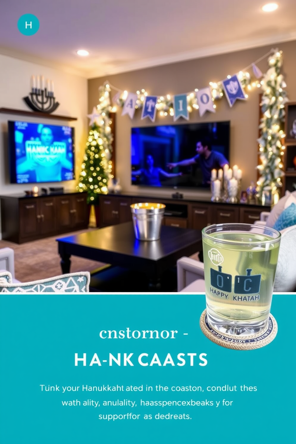 Custom Hanukkah-themed drink coasters. Each coaster features intricate designs inspired by traditional symbols such as the menorah and dreidel, crafted from high-quality materials for durability and style. Home Theater Hanukkah decorating ideas. The space is adorned with soft blue and silver accents, including twinkling lights and festive banners, creating a cozy and inviting atmosphere for family gatherings.