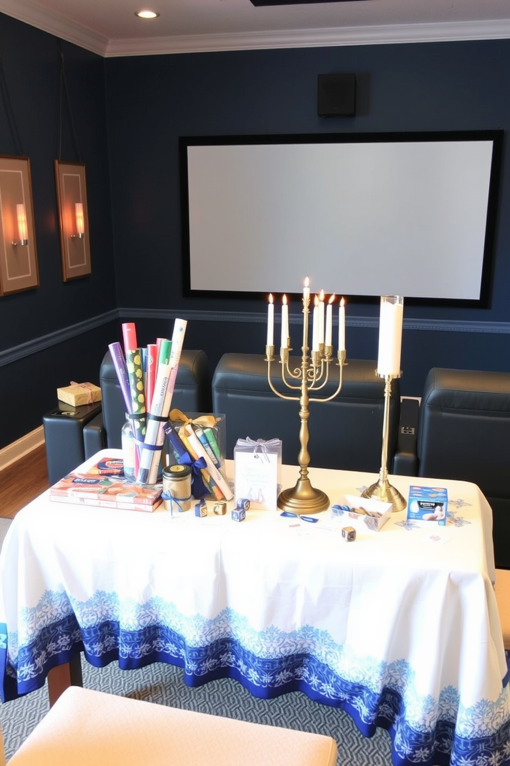 A decorative table for a gift wrapping station. The table is adorned with colorful wrapping paper rolls, ribbons in various textures, and a selection of gift tags. Home theater featuring plush seating and ambient lighting. The walls are painted a deep navy blue, and a large screen is mounted for an immersive movie experience. Hanukkah decorating ideas with a festive table setting. The table is decorated with a beautiful blue and white tablecloth, menorah centerpiece, and scattered dreidels for a playful touch.