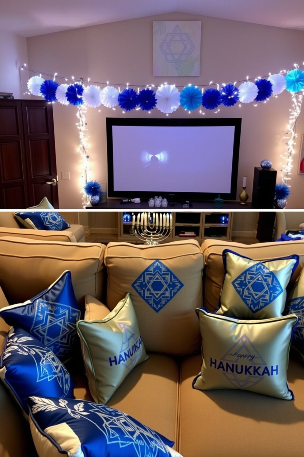 Hanukkah-themed throw pillows adorn the plush couches in a cozy living room. The pillows feature vibrant blue and silver designs, complementing the warm ambiance created by soft lighting. The home theater is transformed for Hanukkah with a festive display of blue and white decorations. Twinkling string lights frame the screen, while a menorah sits prominently on the entertainment center, adding a touch of tradition.