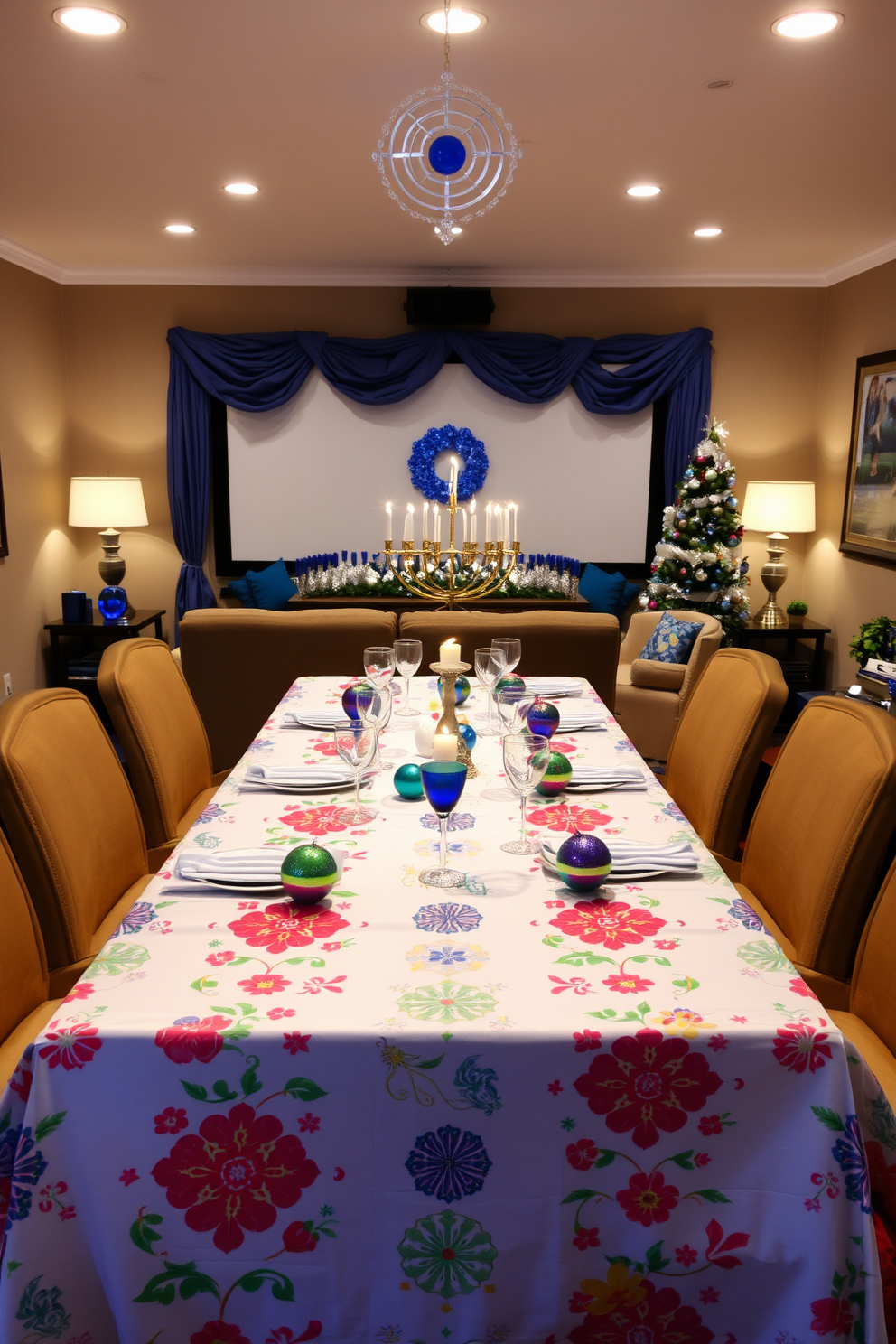 A festive tablecloth adorned with vibrant holiday patterns drapes elegantly over a long dining table. The table is set with sparkling glassware and colorful ornaments, creating a warm and inviting atmosphere for family gatherings. The home theater is transformed into a cozy Hanukkah retreat with soft lighting and plush seating. Decorate the space with blue and silver accents, including a beautifully arranged menorah and festive wall art that captures the spirit of the celebration.