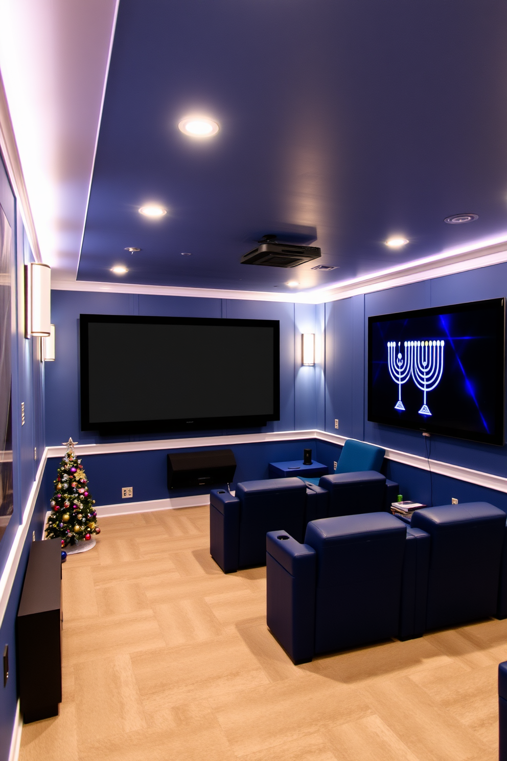 A vibrant home theater adorned with colorful wall decals depicting Hanukkah symbols. The walls are decorated with a mix of blue and silver tones, creating a festive atmosphere perfect for movie nights during the holiday season.