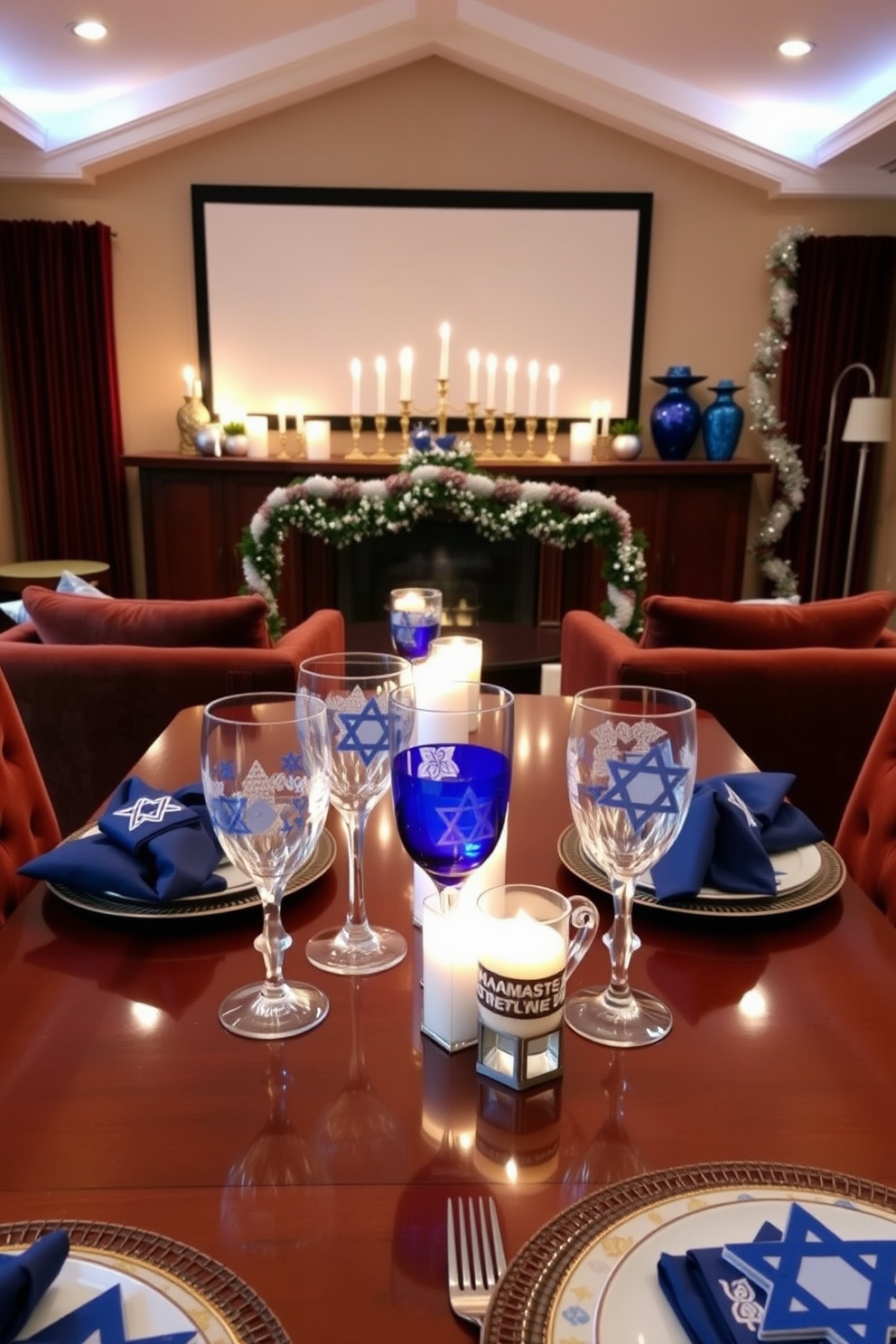 Themed glassware for holiday beverages. Elegant crystal glasses adorned with festive patterns and colors sit on a polished wooden table, reflecting the warm glow of candlelight. Home Theater. A cozy room features a large screen surrounded by plush seating in rich velvet, with soft ambient lighting creating an inviting atmosphere for movie nights. Hanukkah Decorating Ideas. A beautifully arranged menorah stands proudly on a mantel, surrounded by blue and silver accents including decorative dreidels and shimmering garlands. The table is set with elegant dinnerware, featuring Star of David motifs and candles that add a warm, festive glow.