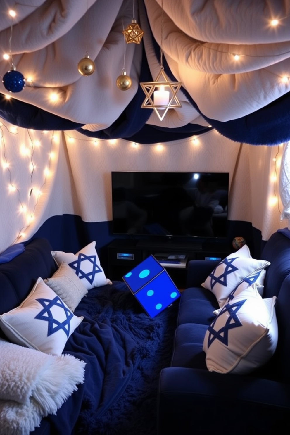 Cozy blanket fort with Hanukkah colors. Soft blankets in shades of blue and white create an inviting space, adorned with twinkling fairy lights and Star of David ornaments hanging from the ceiling. Home theater Hanukkah decorating ideas. Plush seating in rich navy is complemented by decorative throw pillows featuring menorah patterns, while a vibrant, oversized dreidel serves as a focal point on the entertainment center.