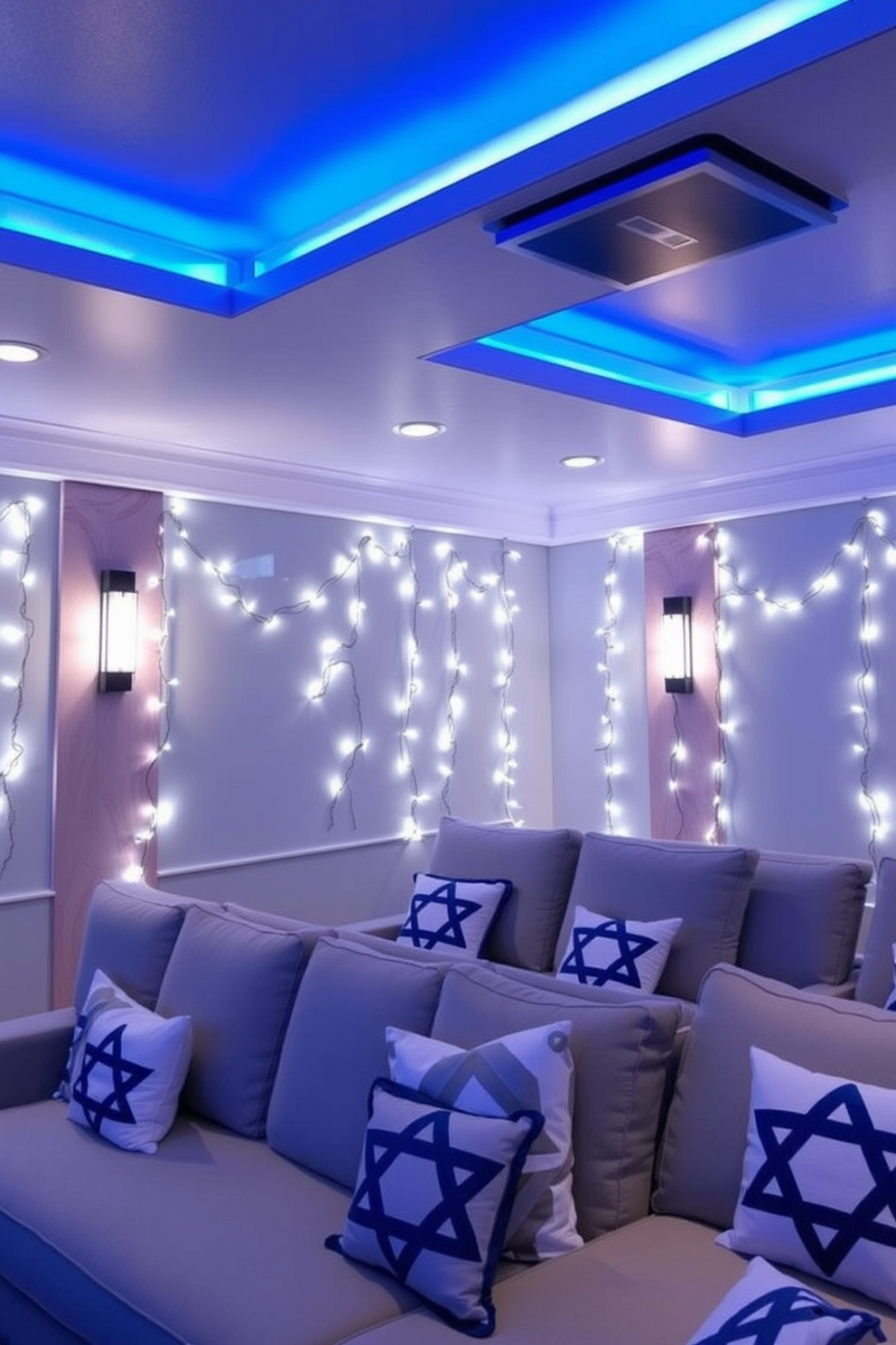 Creative lighting with blue hues. The room features recessed LED lights that cast a soft blue glow across the ceiling and walls, creating an immersive atmosphere for movie watching. Home Theater Hanukkah Decorating Ideas. The space is adorned with elegant string lights in silver and blue, while plush seating is complemented by festive throw pillows featuring Star of David patterns.