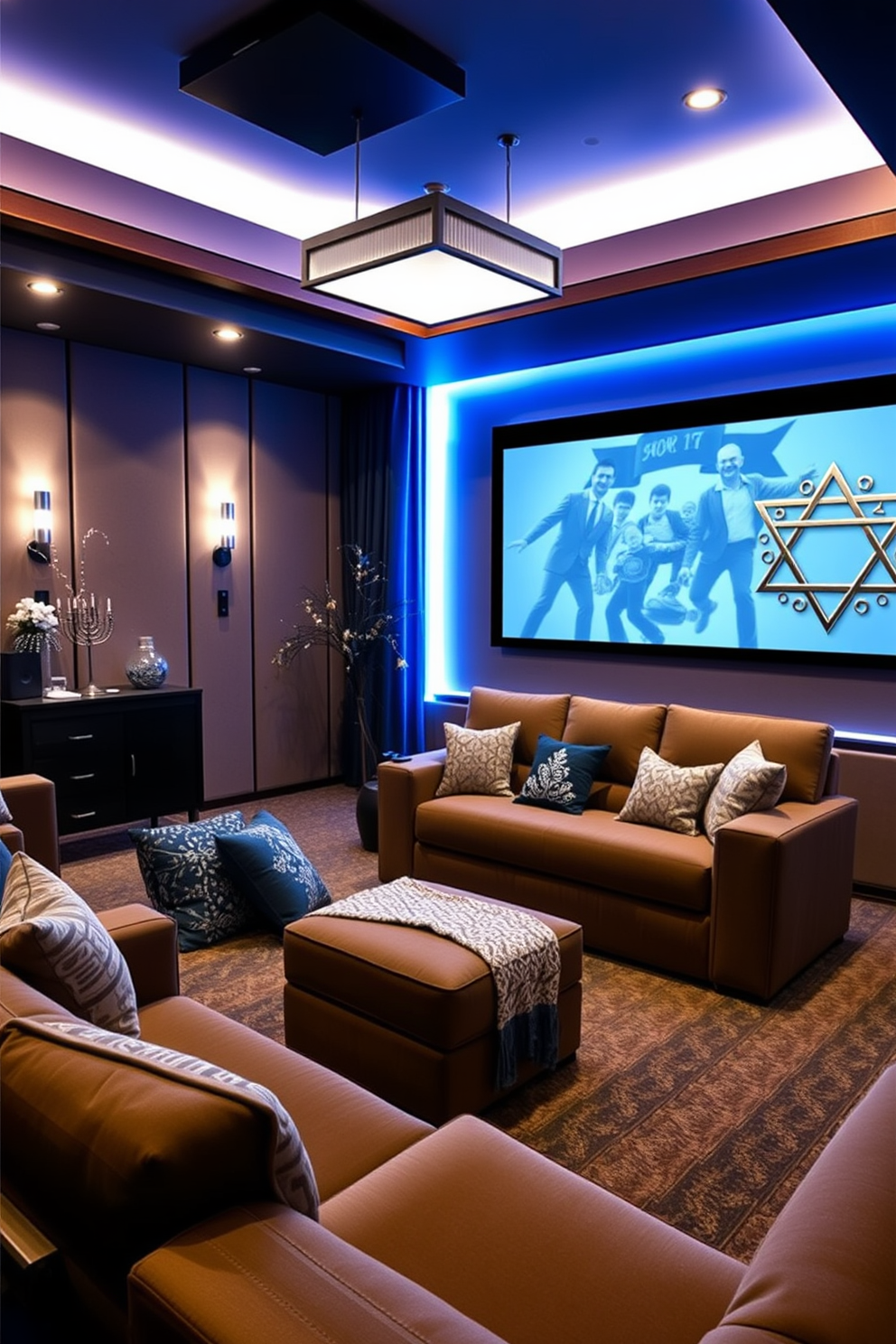 A cozy home theater designed for Hanukkah celebrations. The room features plush seating arranged for optimal viewing, with soft blue and white lighting creating a festive atmosphere. A curated Hanukkah music playlist fills the air with joyful melodies. The sound system enhances the ambiance, making it perfect for family gatherings and movie nights. Decorate the home theater with elegant Hanukkah-themed accents. Incorporate blue and silver decorations, including a beautiful menorah and festive wall art, to enhance the holiday spirit.