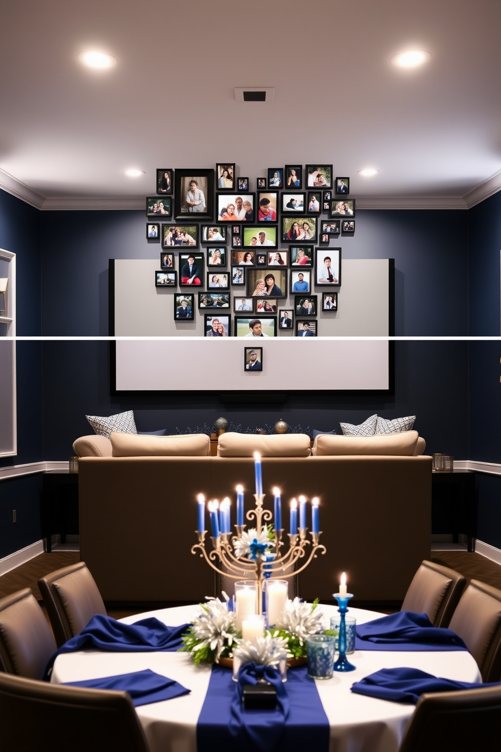 A personalized family photo wall collage featuring a variety of framed pictures in different sizes. The collage is arranged in a heart shape on a light gray wall, with soft lighting highlighting each photograph. A cozy home theater designed for family movie nights with plush seating and a large projection screen. The walls are painted a deep navy blue, and ambient lighting creates a warm and inviting atmosphere. Elegant Hanukkah decorating ideas that incorporate traditional blue and silver colors. The dining table is adorned with a beautiful menorah centerpiece surrounded by festive decorations and candles.