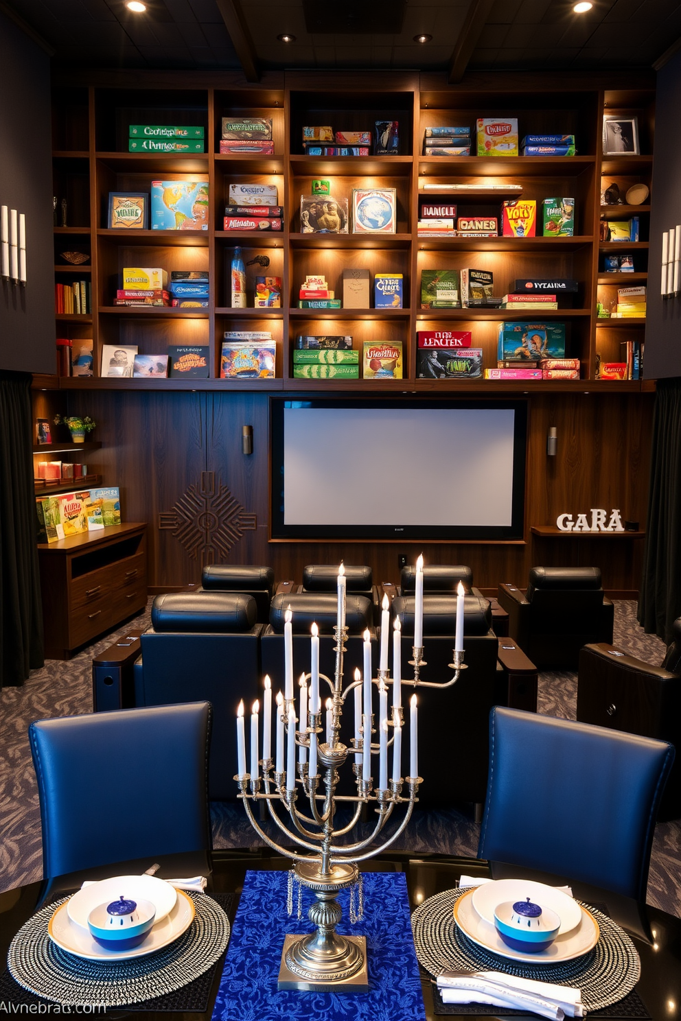 Themed board games are artfully displayed on stylish wooden shelves, showcasing a variety of colorful boxes and game pieces. The shelves are arranged in a cozy nook with soft lighting and comfortable seating, creating an inviting atmosphere for family game nights. The home theater is designed with plush reclining seats arranged in tiered rows, ensuring optimal viewing for all guests. A large screen is framed by elegant dark curtains, while ambient lighting enhances the cinematic experience. For Hanukkah decorating ideas, a beautiful blue and silver color scheme is used throughout the space. Menorahs are placed on the dining table, surrounded by decorative dreidels and festive tableware, creating a warm and celebratory ambiance.