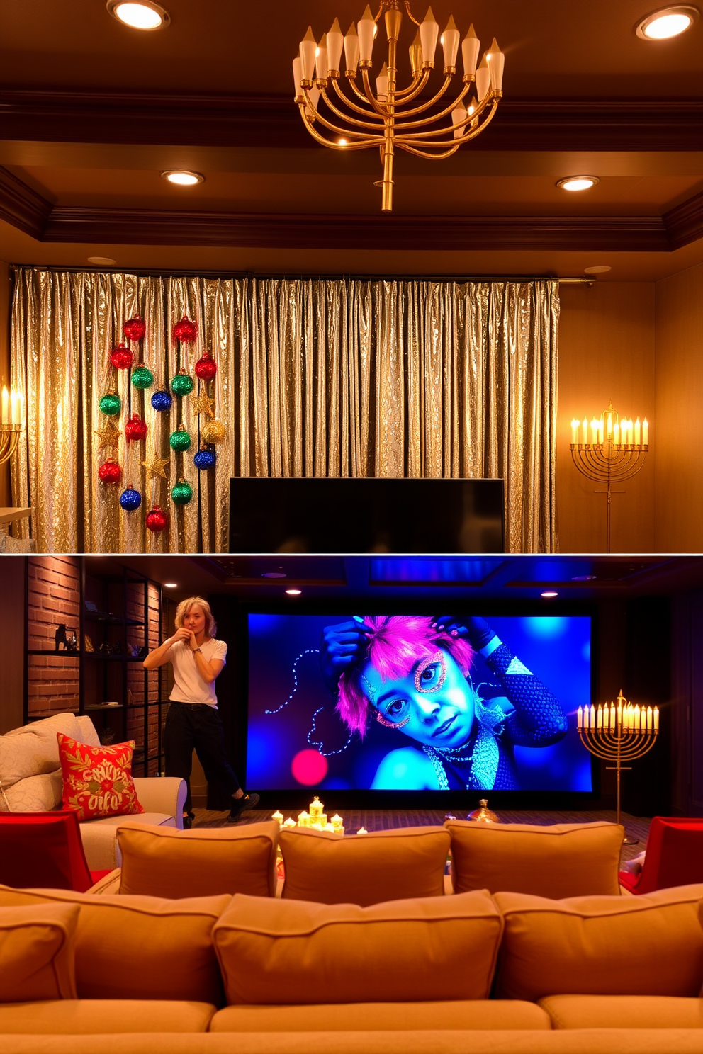 A cozy DIY photo booth setup adorned with festive holiday props. The backdrop features a shimmering silver curtain with colorful ornaments scattered throughout. A luxurious home theater designed for Hanukkah celebrations. Plush seating surrounds a large screen, and the space is illuminated with warm, ambient lighting and decorative menorah accents.