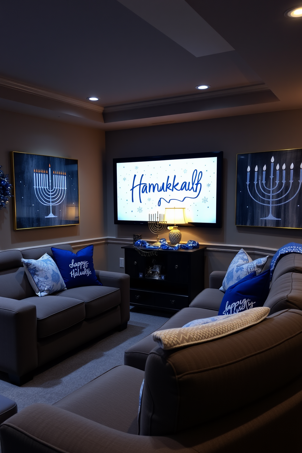 A cozy home theater adorned with Hanukkah-themed art on the walls. The space features plush seating arranged for optimal viewing, with blue and silver decorations adding a festive touch. Soft lighting illuminates the room, casting a warm glow on the artwork that celebrates the spirit of Hanukkah. A decorative menorah is placed on a side table, enhancing the holiday ambiance.