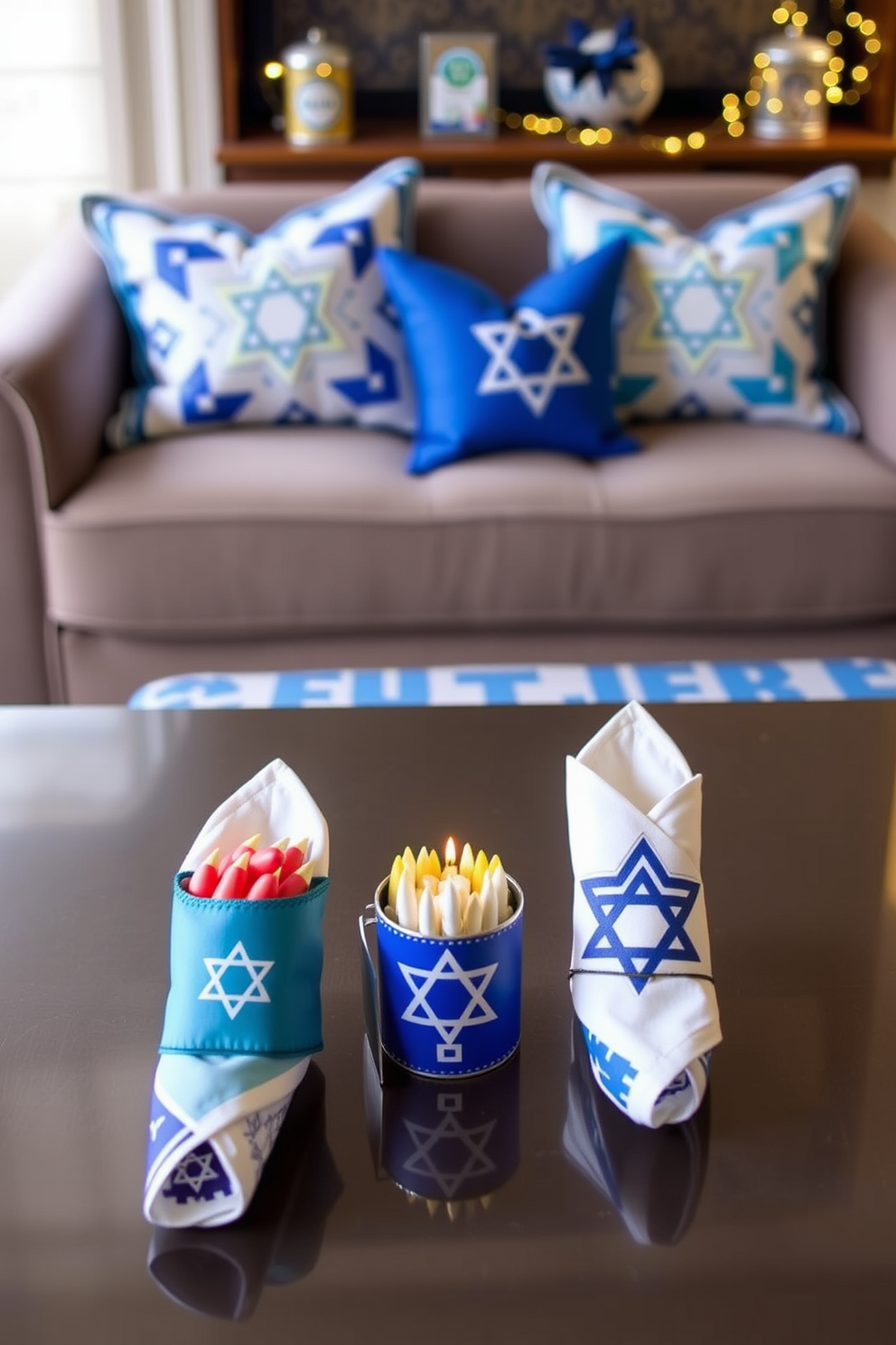 Festive napkin holders for snacks. These holders are designed to enhance the holiday table setting, featuring vibrant colors and playful motifs that celebrate the spirit of Hanukkah. Home theater Hanukkah decorating ideas. The space is adorned with blue and silver accents, creating a cozy atmosphere for family gatherings, complete with themed cushions and twinkling lights.