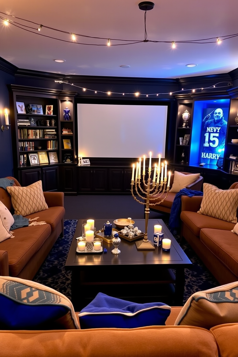 Candlelit ambiance for movie nights. The room features plush seating arranged in a cozy layout, with soft blankets draped over the armrests and flickering candles placed on side tables. Home Theater. The walls are painted a deep navy blue, and a large screen dominates one wall, surrounded by built-in shelving filled with movies and memorabilia. Hanukkah Decorating Ideas. A beautifully adorned menorah takes center stage on the coffee table, surrounded by decorative dreidels and vibrant blue and silver accents throughout the room. String lights hang from the ceiling, casting a warm glow over the festive decorations.