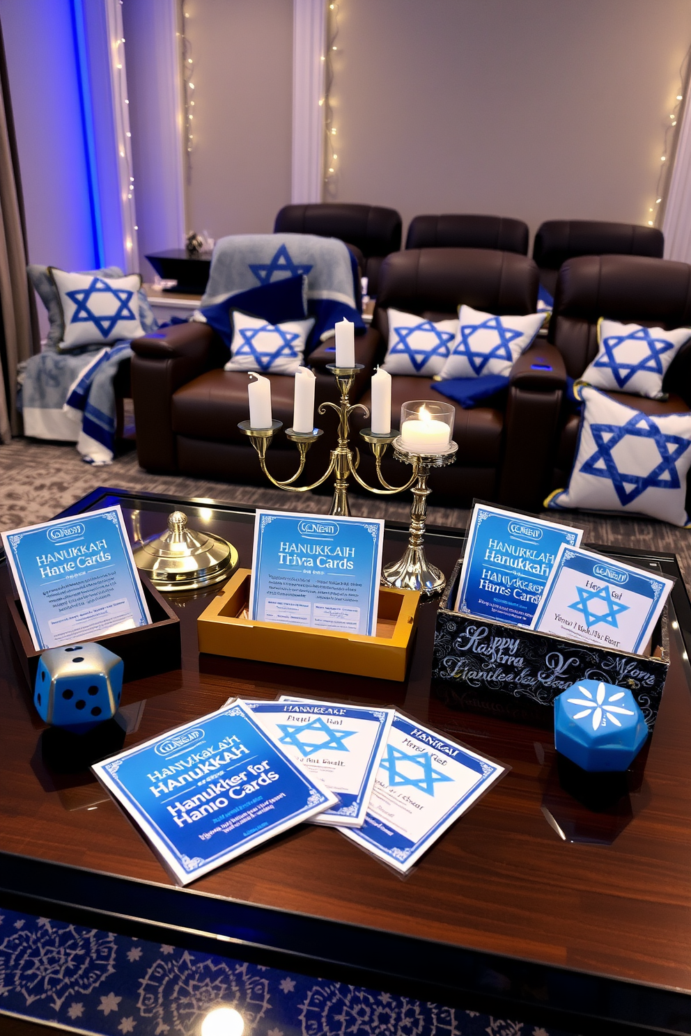 A stylish coffee table adorned with Hanukkah trivia cards. The cards are beautifully designed with blue and silver accents, surrounded by decorative dreidels and a menorah. A cozy home theater decorated for Hanukkah celebrations. Soft blue lighting enhances the atmosphere, while plush seating is complemented by festive throw blankets and pillows featuring Star of David motifs.