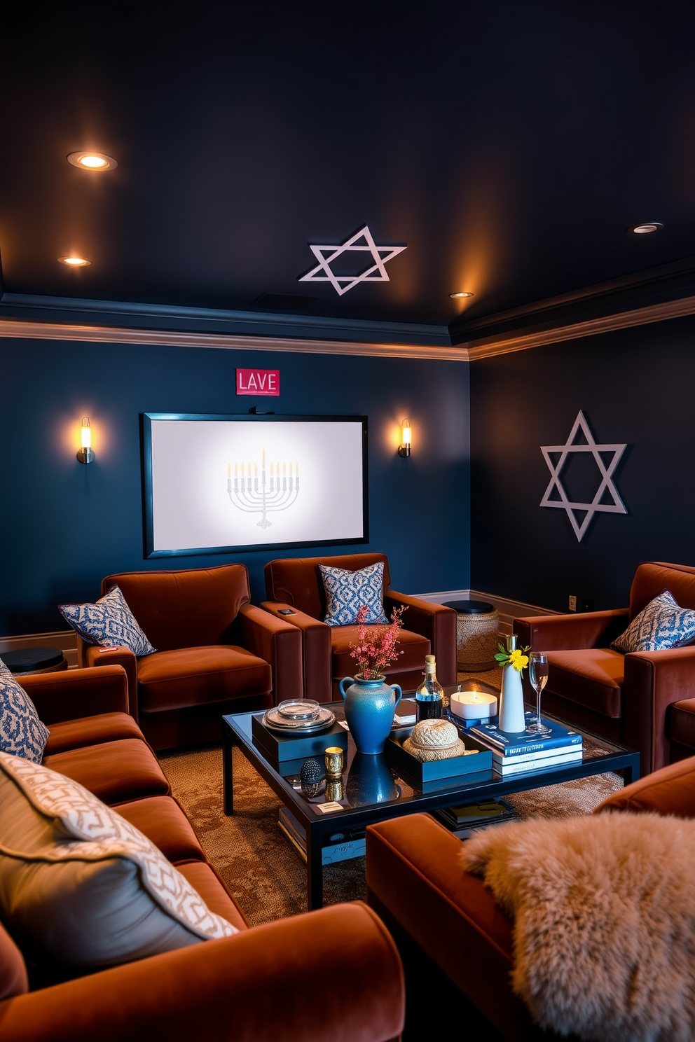 A cozy home theater adorned with Star of David wall art creates a warm and inviting atmosphere. The walls are painted in a deep navy hue, complementing plush velvet seating arranged for optimal viewing. Soft ambient lighting enhances the festive spirit, while decorative elements inspired by Hanukkah add a touch of elegance. A stylish coffee table holds themed snacks and drinks, inviting family and friends to gather and celebrate.