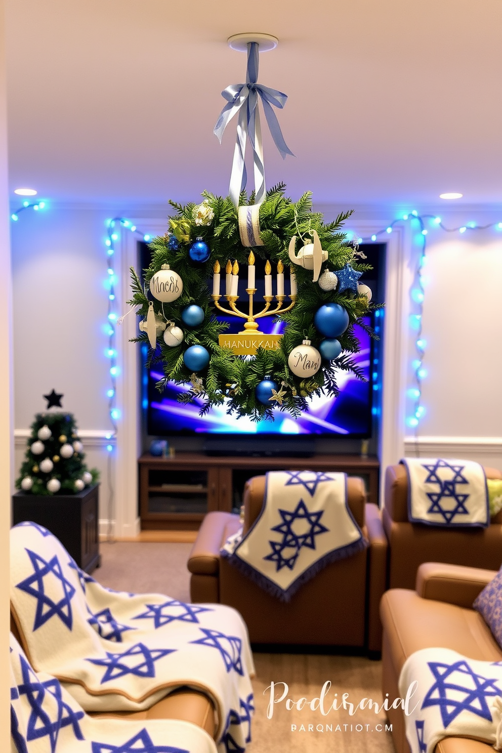 A decorative wreath adorned with traditional Hanukkah symbols such as a menorah, dreidels, and blue and silver ornaments hangs on the front door. The wreath is made from fresh greenery and accented with ribbons, creating a warm and inviting entrance for the holiday season. The home theater is transformed into a festive space for Hanukkah celebrations. Soft blue and silver lights twinkle around the screen, while comfortable seating is draped with cozy blankets featuring Star of David patterns.