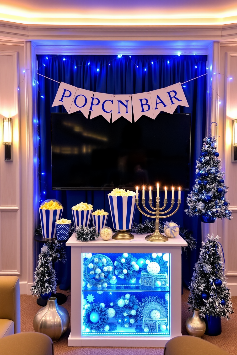 A cozy home theater featuring a blue and white themed popcorn bar. The popcorn bar is adorned with stylish blue and white containers filled with various popcorn flavors, and a decorative banner hangs above it. For Hanukkah decorating ideas, the space is illuminated with soft blue and white lights. Elegant menorahs are placed on the popcorn bar, surrounded by festive decorations that enhance the celebratory atmosphere.