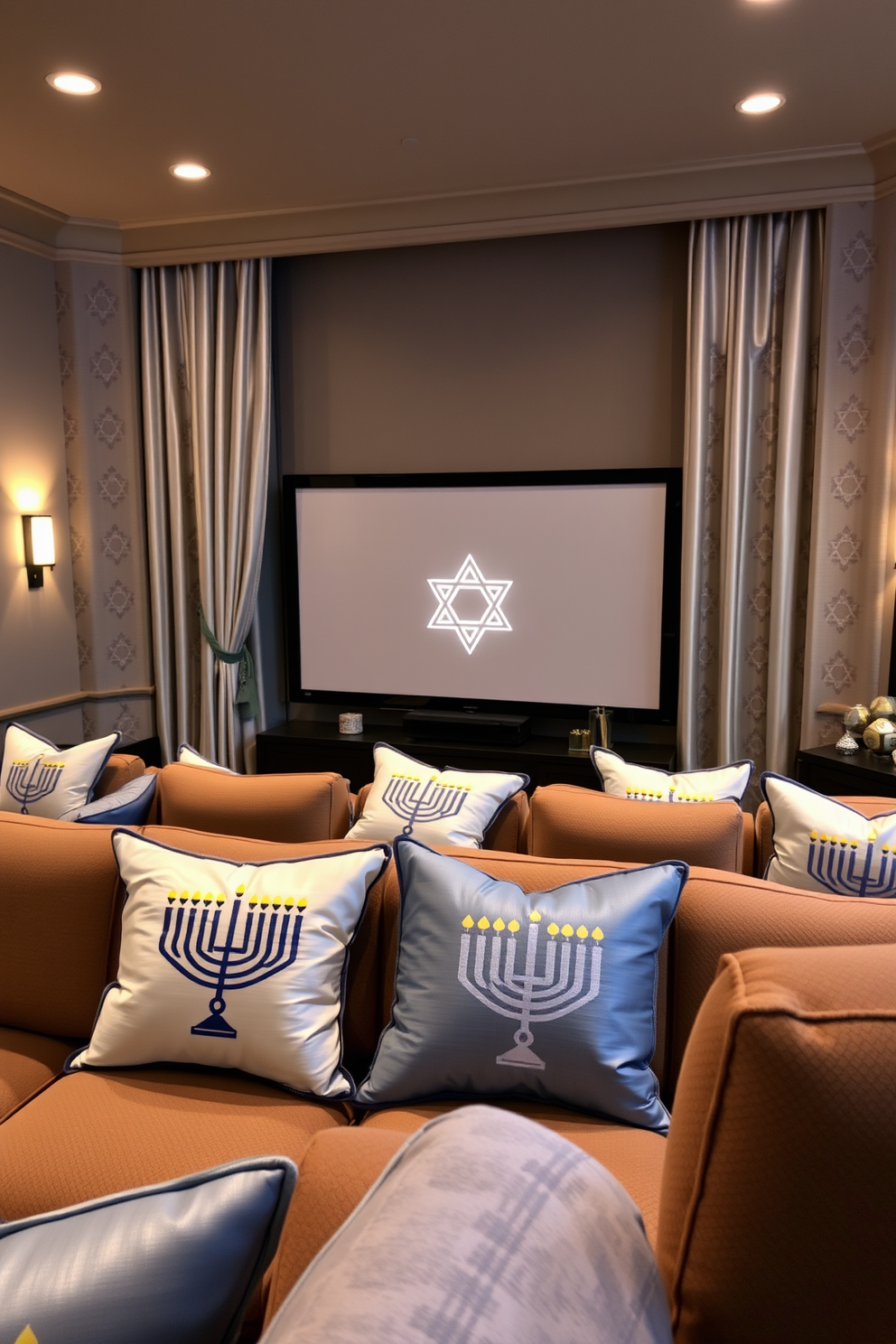 Cushions featuring Hanukkah motifs are arranged on the plush seating of a cozy home theater. The decor includes soft blue and silver tones, with menorahs and dreidels artfully displayed around the room to enhance the festive atmosphere. In the background, a large screen is framed by elegant curtains adorned with Star of David patterns. Warm lighting creates an inviting ambiance, perfect for family gatherings during the Hanukkah celebrations.