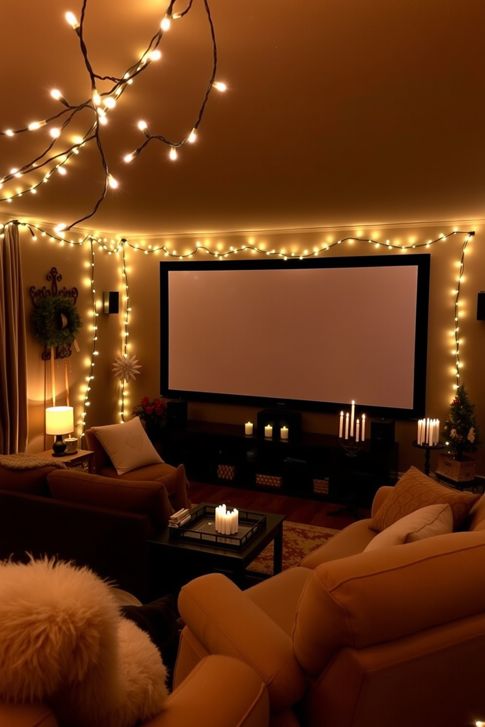 A cozy home theater setting adorned with LED string lights that create a warm and festive glow. Plush seating is arranged for optimal viewing, with a large screen as the focal point, surrounded by tasteful Hanukkah decorations.