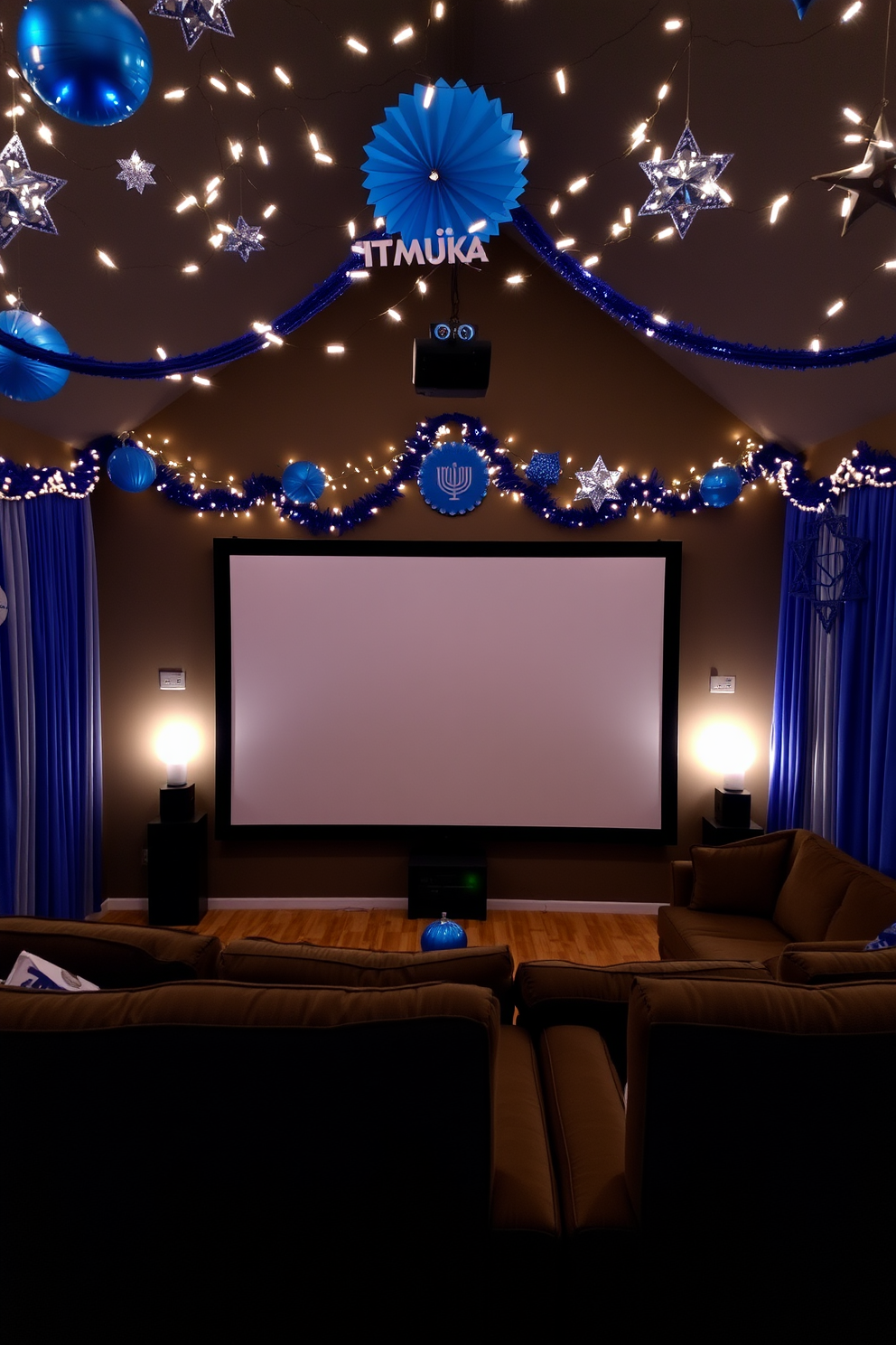 A cozy home theater setting for a Hanukkah movie night. The walls are adorned with festive blue and silver decorations, featuring stars and menorahs. A large screen is set up with plush seating arranged in a semi-circle. Twinkling fairy lights hang overhead, creating a warm and inviting atmosphere.