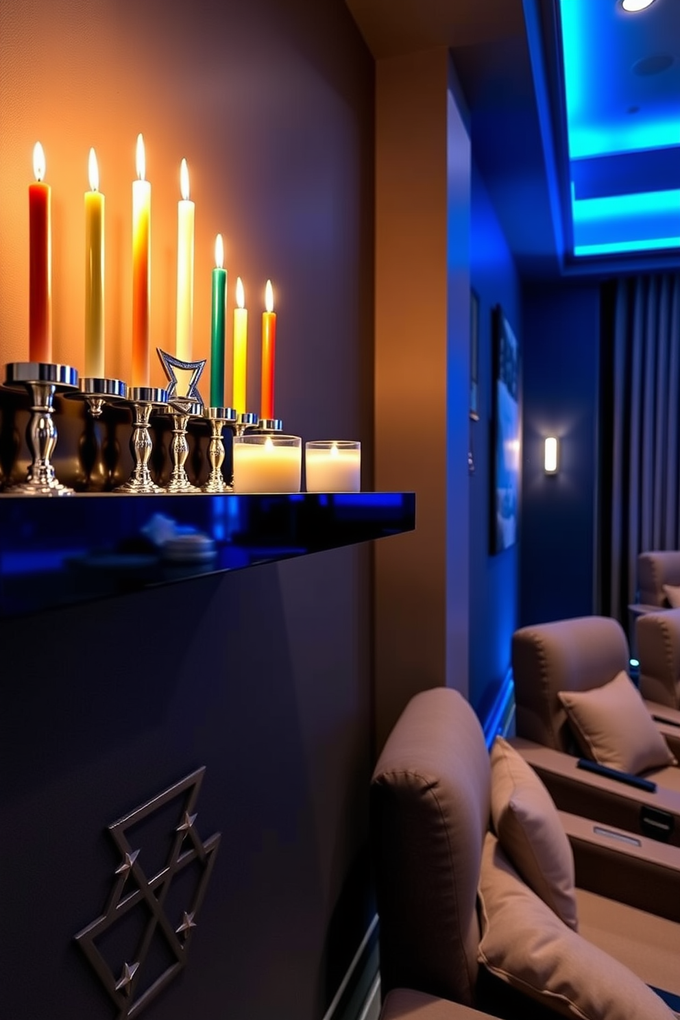 Scented candles in menorah shapes are arranged on a sleek black shelf, casting a warm glow throughout the room. The candles are in various colors, creating a festive atmosphere that celebrates the spirit of Hanukkah. The home theater is adorned with plush seating and soft blue lighting, providing a cozy viewing experience. Decorative elements include star and dreidel motifs, enhancing the Hanukkah theme while maintaining a sophisticated look.