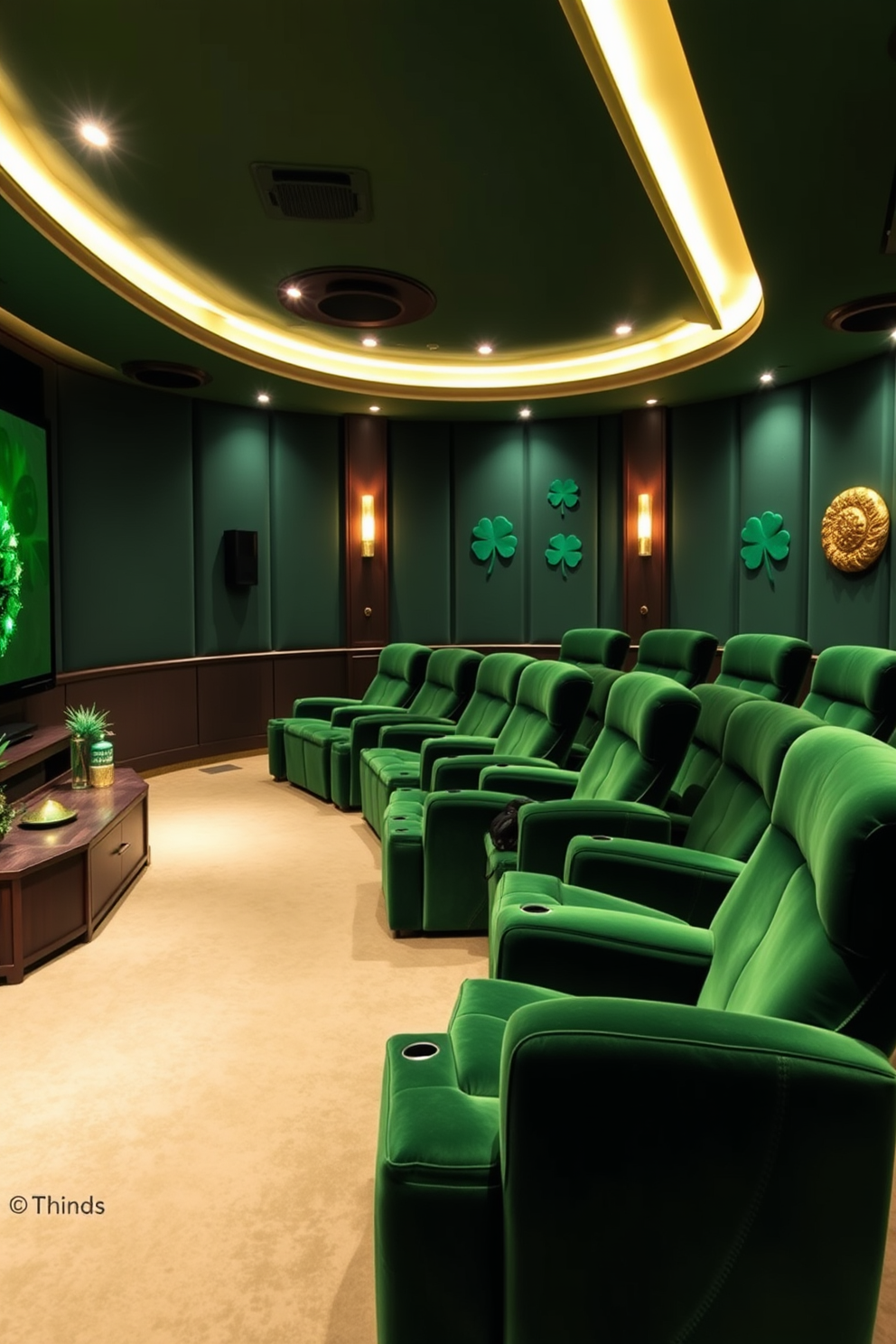 Green velvet theater seating arrangements create a luxurious and inviting atmosphere. The seating is arranged in a semi-circle, allowing for optimal viewing of the large screen at the front of the room. Home Theater design features a state-of-the-art sound system and ambient lighting to enhance the cinematic experience. Plush carpets and acoustic panels are incorporated to ensure sound quality and comfort. St. Patricks Day decorating ideas include vibrant green accents and festive decorations throughout the space. Shamrock motifs and gold embellishments add a playful touch to the overall design.