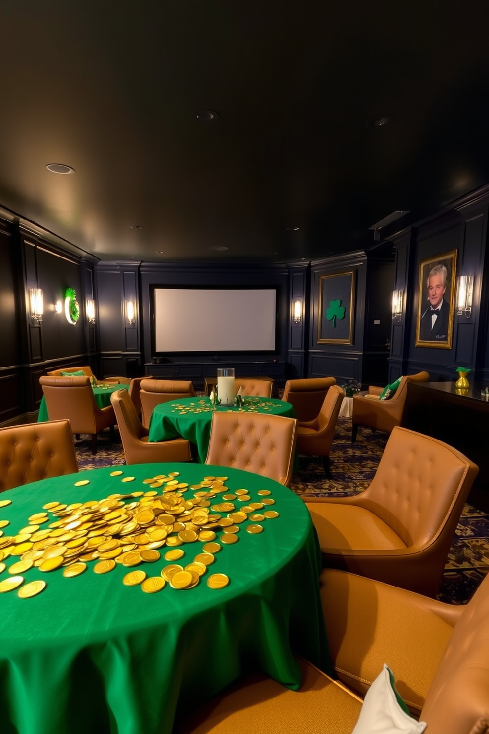 Gold coins scattered on tables create a festive atmosphere, glimmering under soft lighting. The tables are adorned with green tablecloths and themed decorations to celebrate St. Patrick's Day. A luxurious home theater features plush seating arranged in a semi-circle, with a large screen at the front. The walls are painted a deep navy blue, and ambient lighting enhances the cinematic experience.