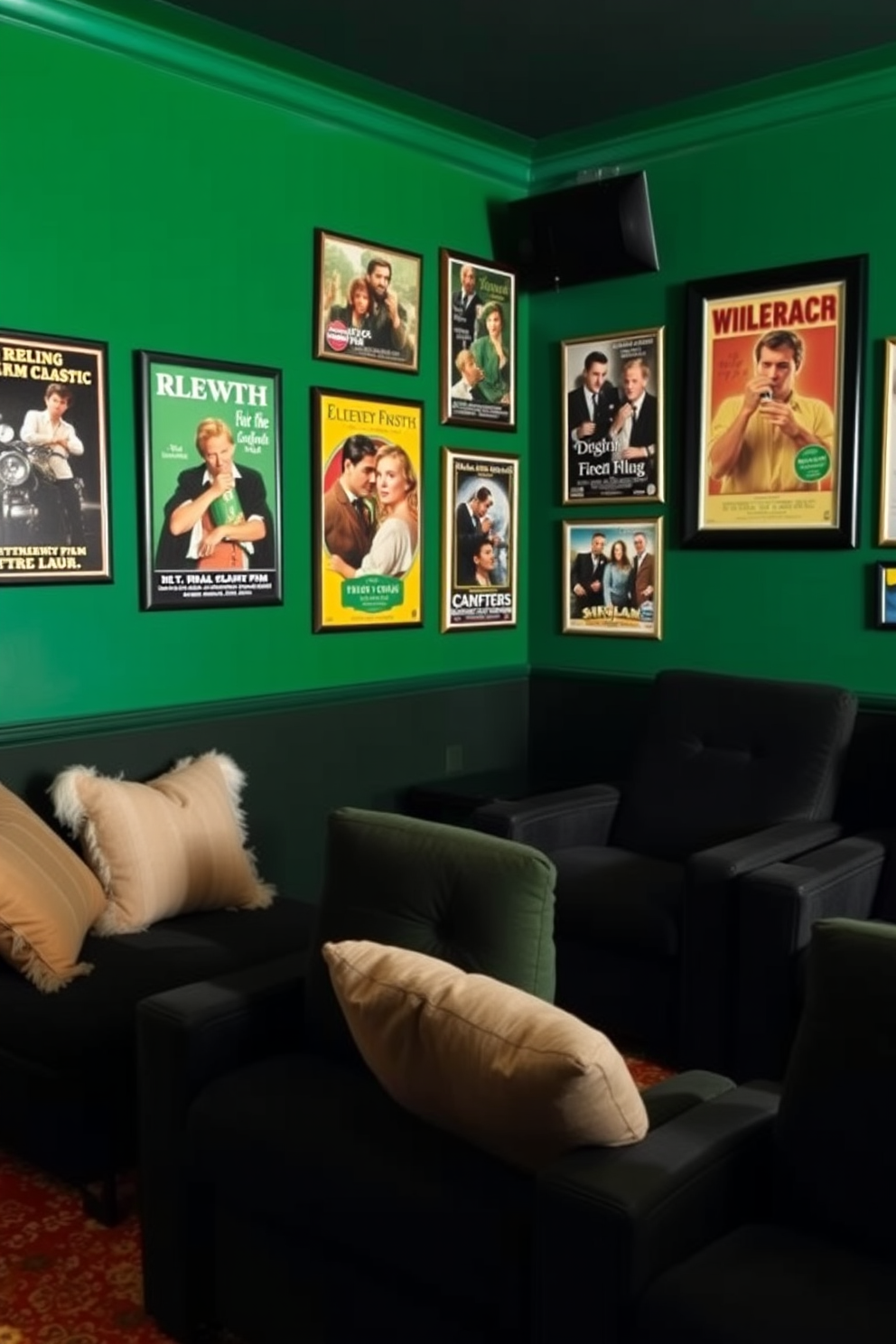 A cozy home theater adorned with vintage Irish film classic posters. The walls are painted a deep emerald green, and plush seating is arranged for comfort, creating an inviting atmosphere for St. Patrick's Day movie nights.