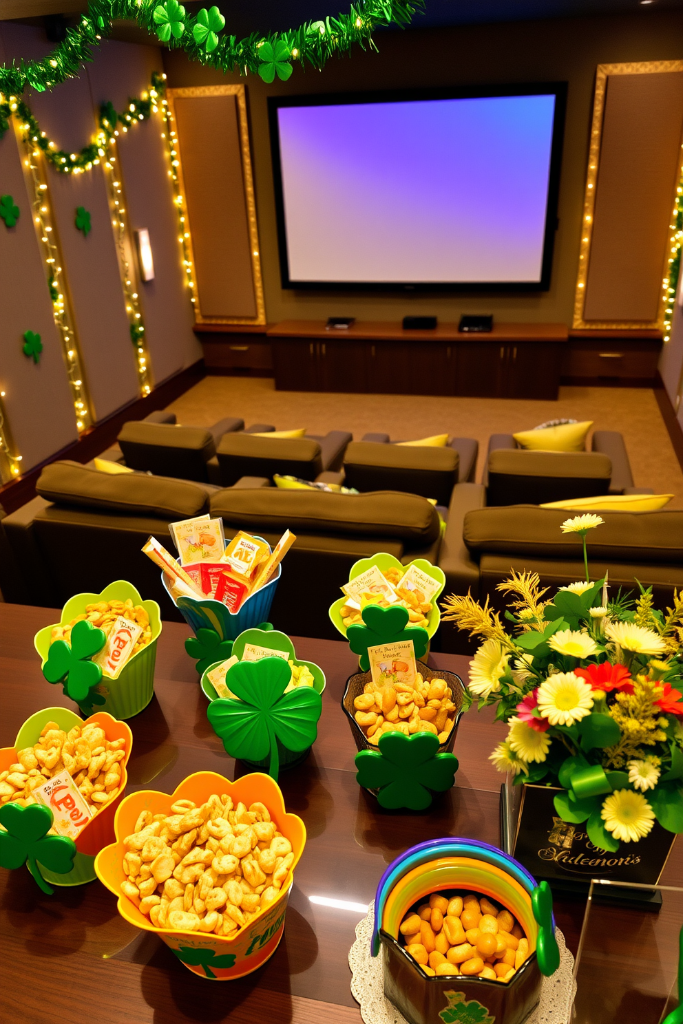 Themed snacks in festive containers. A vibrant assortment of snacks is displayed in colorful, decorative bowls shaped like shamrocks and rainbows, enhancing the festive atmosphere. Each container is adorned with playful St. Patrick's Day motifs, such as leprechauns and pots of gold, inviting guests to indulge in the treats. Home Theater. The home theater features plush seating arranged in a tiered layout, ensuring an optimal viewing experience. Soft, ambient lighting sets the mood, while a large screen dominates the wall, surrounded by acoustic panels for enhanced sound quality. St. Patrick's Day Decorating Ideas. The room is transformed with green and gold accents, including garlands made of shamrocks and twinkling fairy lights. Table centerpieces incorporate fresh flowers and themed decor, creating a warm and inviting space for celebration.