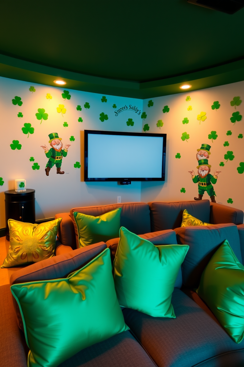 A cozy home theater adorned with St. Patrick's Day themed wall decals. The walls are decorated with vibrant green shamrocks and festive leprechauns, creating a cheerful atmosphere for movie nights. Plush seating is arranged in a semi-circle, complemented by soft green and gold throw pillows. Ambient lighting casts a warm glow, enhancing the festive decor for an enjoyable viewing experience.