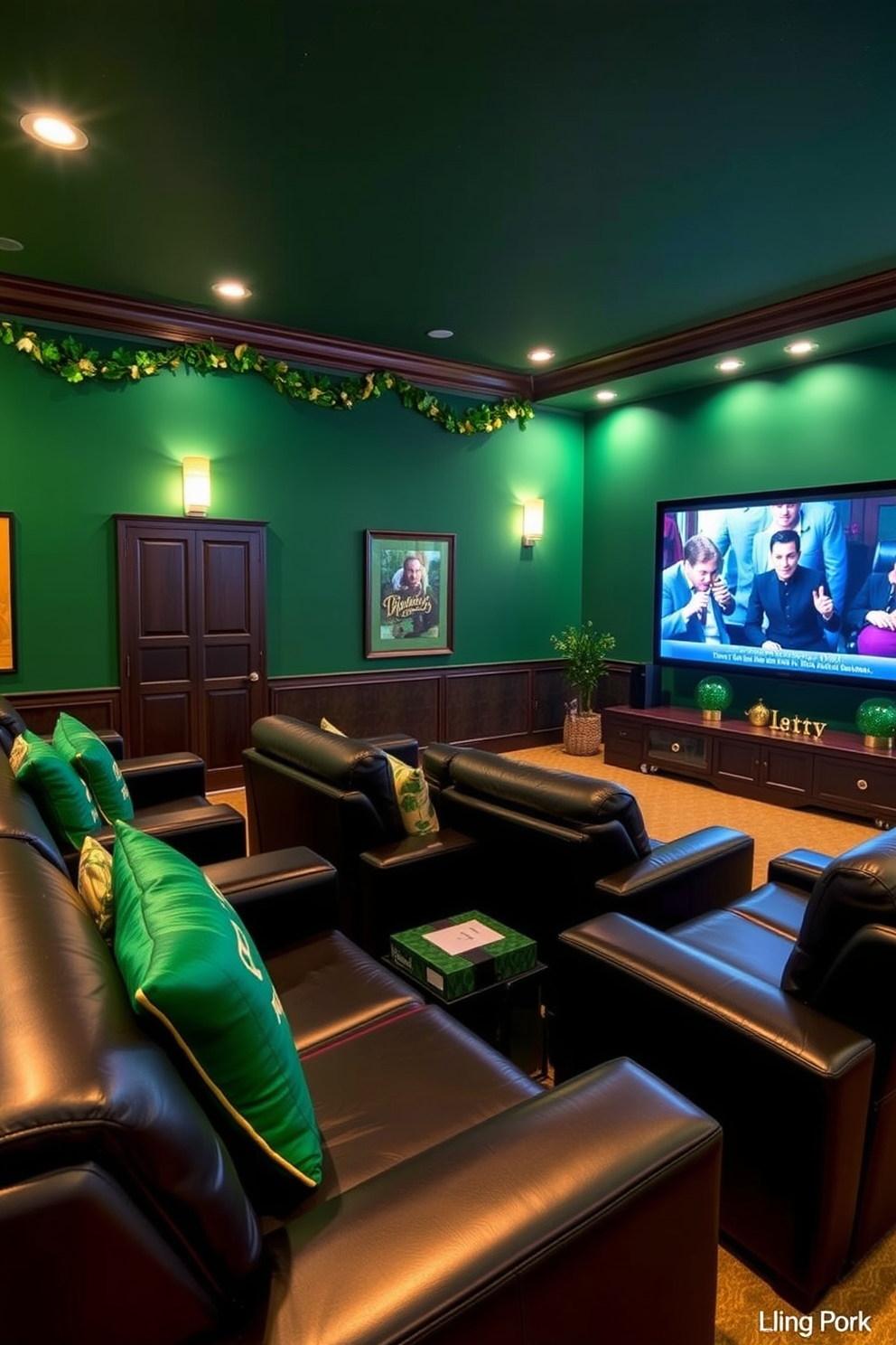 A cozy home theater featuring emerald green accent walls that create a rich and inviting atmosphere. Plush seating in dark leather is arranged for optimal viewing, complemented by soft, ambient lighting to enhance the cinematic experience. For St. Patrick's Day decorating ideas, the space is adorned with festive elements like shamrock garlands and gold accents. A large screen displays classic Irish films, while decorative pillows in green and gold add a touch of holiday spirit to the seating area.