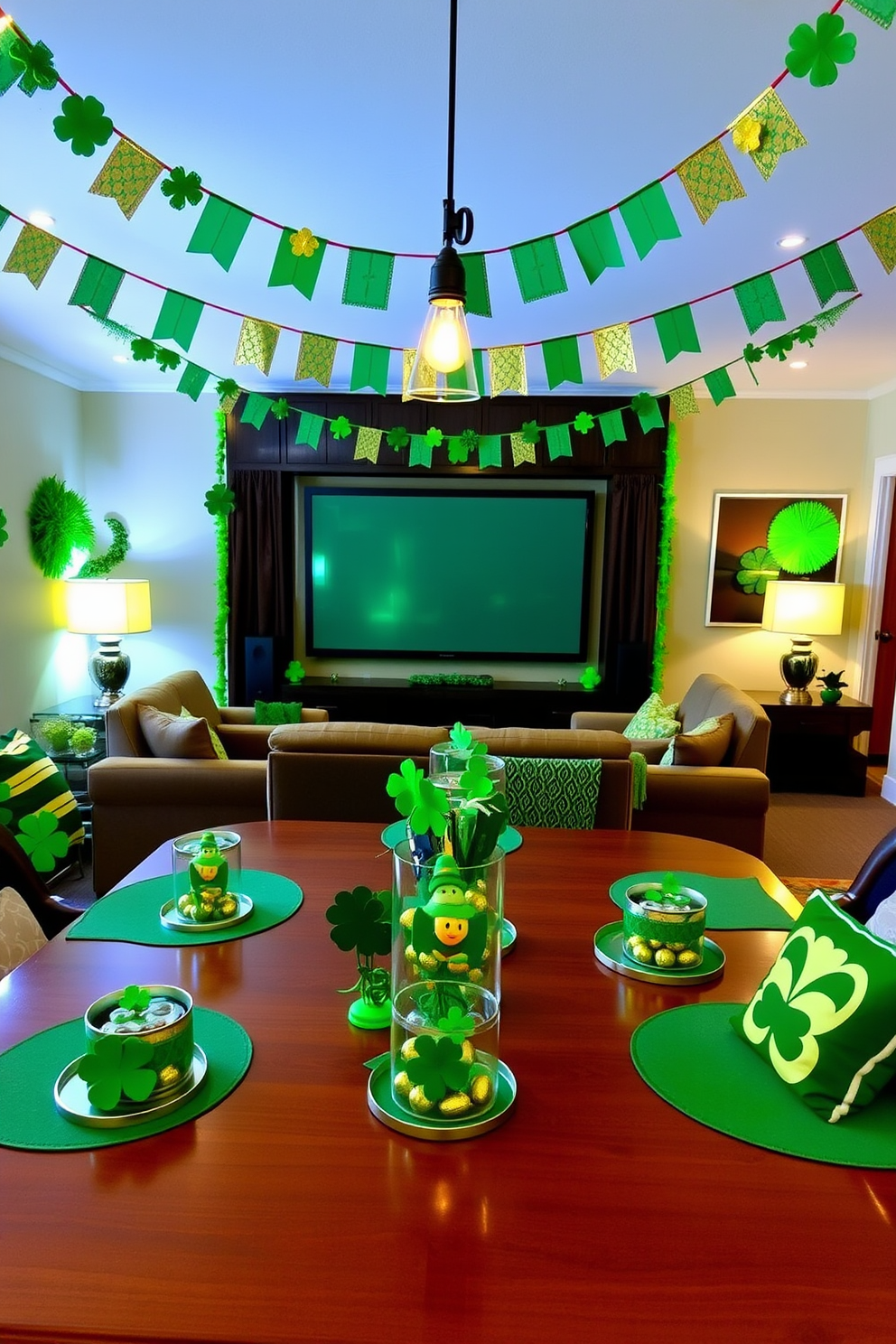 A vibrant dining table adorned with lucky charm centerpieces. Each centerpiece features a mix of green and gold elements, including shamrocks, gold coins, and small leprechaun figurines. A cozy home theater designed for relaxation and entertainment. Plush seating is arranged in a semi-circle facing a large screen, with soft green lighting to create a welcoming ambiance. Festive St. Patrick's Day decorations fill the room with cheer. Banners and garlands in shades of green and gold hang from the ceiling, while themed cushions and throws add comfort to the seating area.