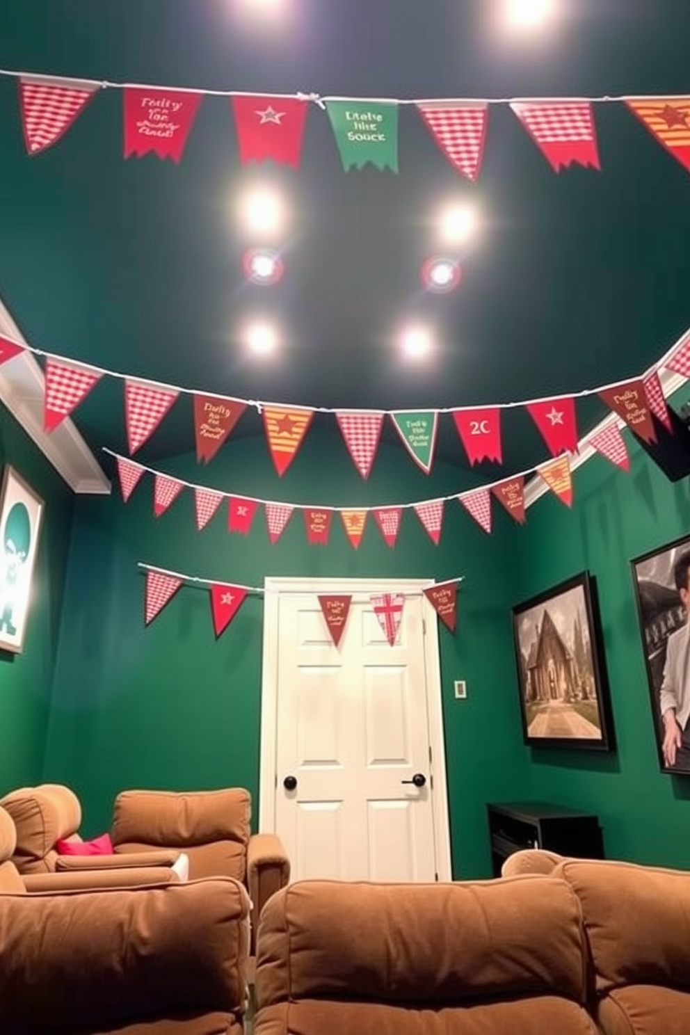 A cozy home theater setting adorned with festive banners hanging from the ceiling. The walls are painted a deep emerald green, and plush seating is arranged for an inviting movie night atmosphere.