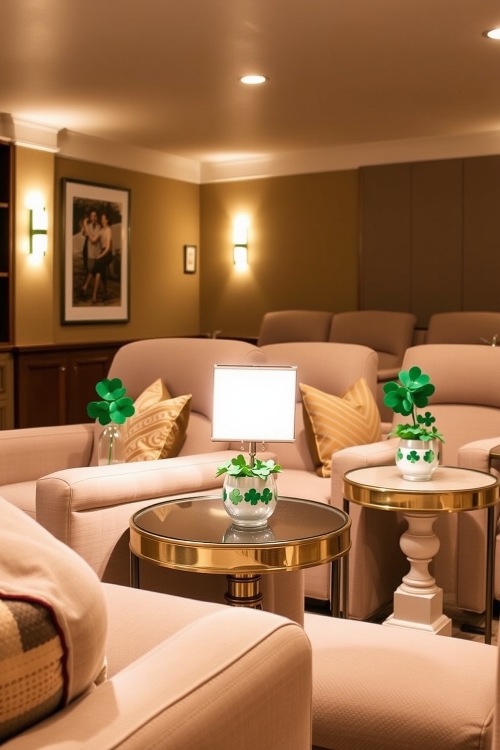 A cozy home theater adorned with decorative clovers on side tables creates a festive atmosphere. Soft lighting enhances the warm tones of the room, inviting relaxation and enjoyment during movie nights. The side tables feature charming arrangements of clovers in elegant pots, adding a touch of whimsy. Plush seating complements the decor, ensuring comfort while celebrating St. Patrick's Day in style.